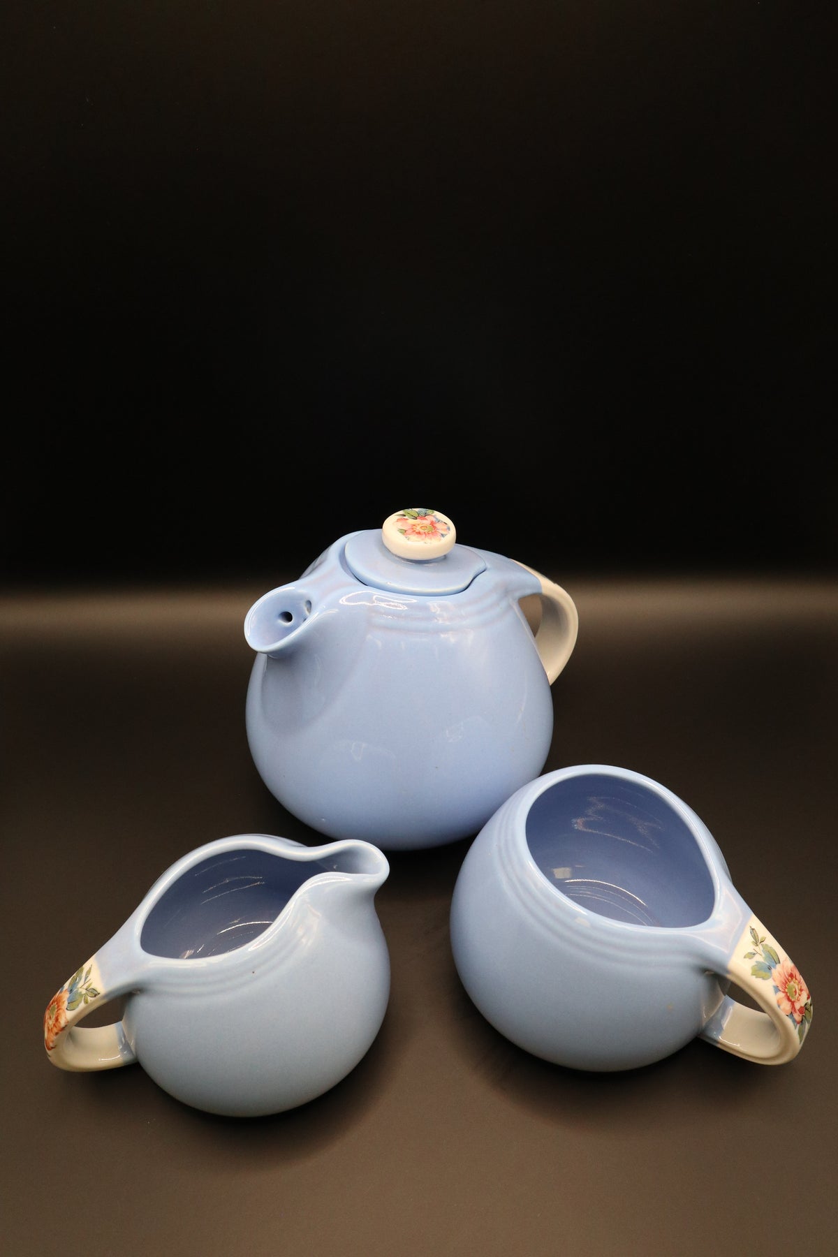 VINTAGE HALL CHINA CO. "ROSE PARADE" CADET BLUE TEAPOT WITH CREAMER AND SUGAR SET