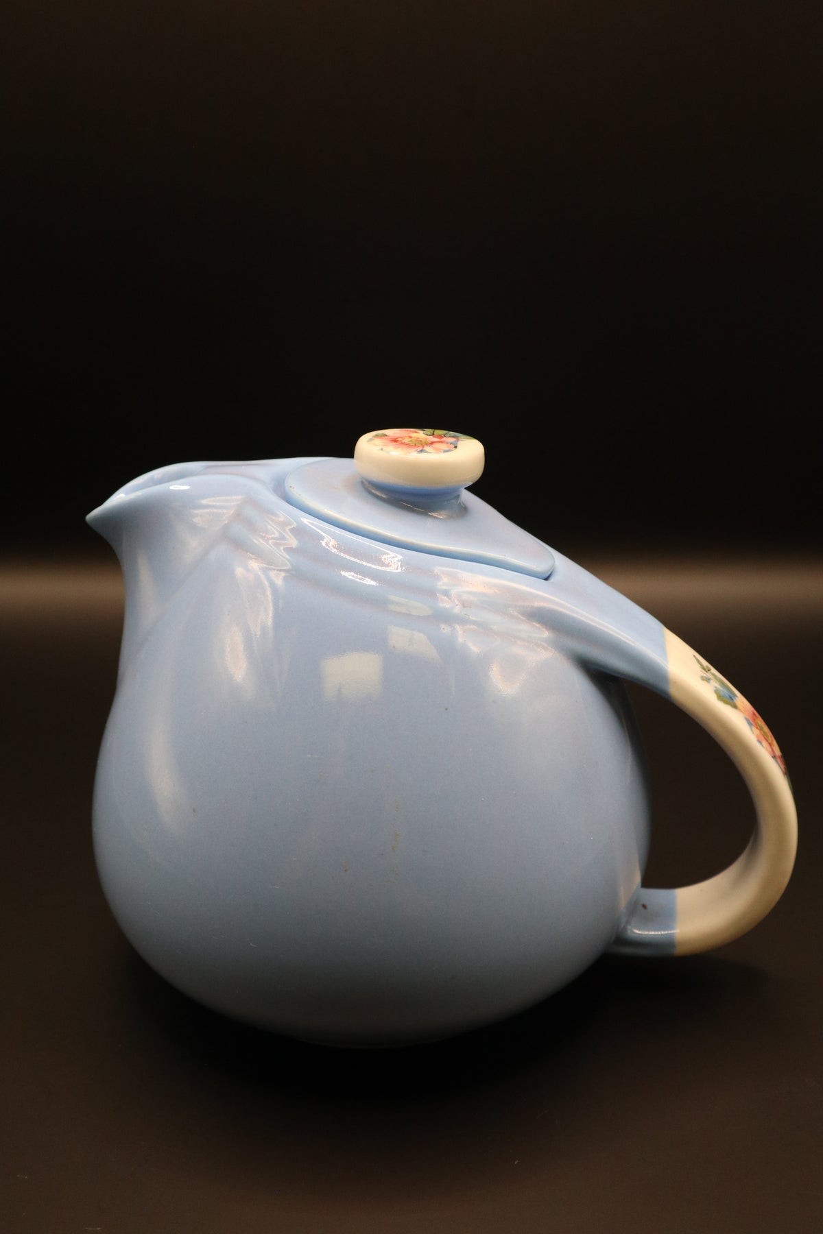 VINTAGE HALL CHINA CO. "ROSE PARADE" CADET BLUE TEAPOT WITH CREAMER AND SUGAR SET