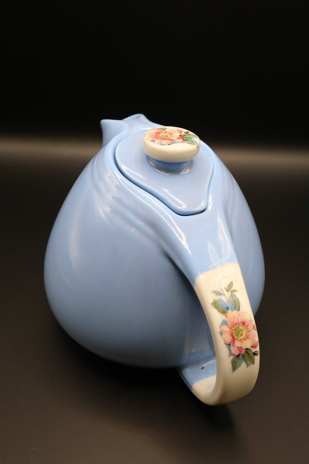 VINTAGE HALL CHINA CO. "ROSE PARADE" CADET BLUE TEAPOT WITH CREAMER AND SUGAR SET