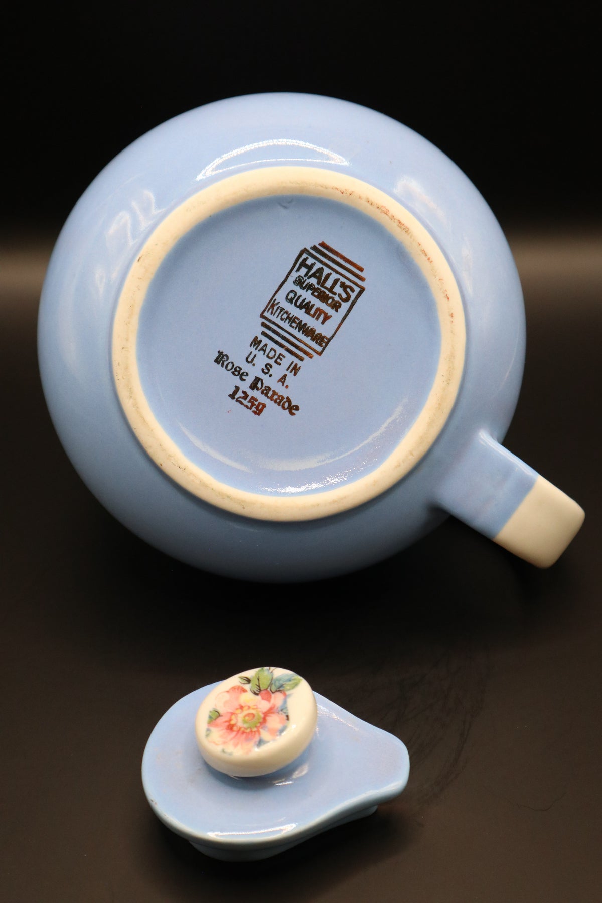 VINTAGE HALL CHINA CO. "ROSE PARADE" CADET BLUE TEAPOT WITH CREAMER AND SUGAR SET