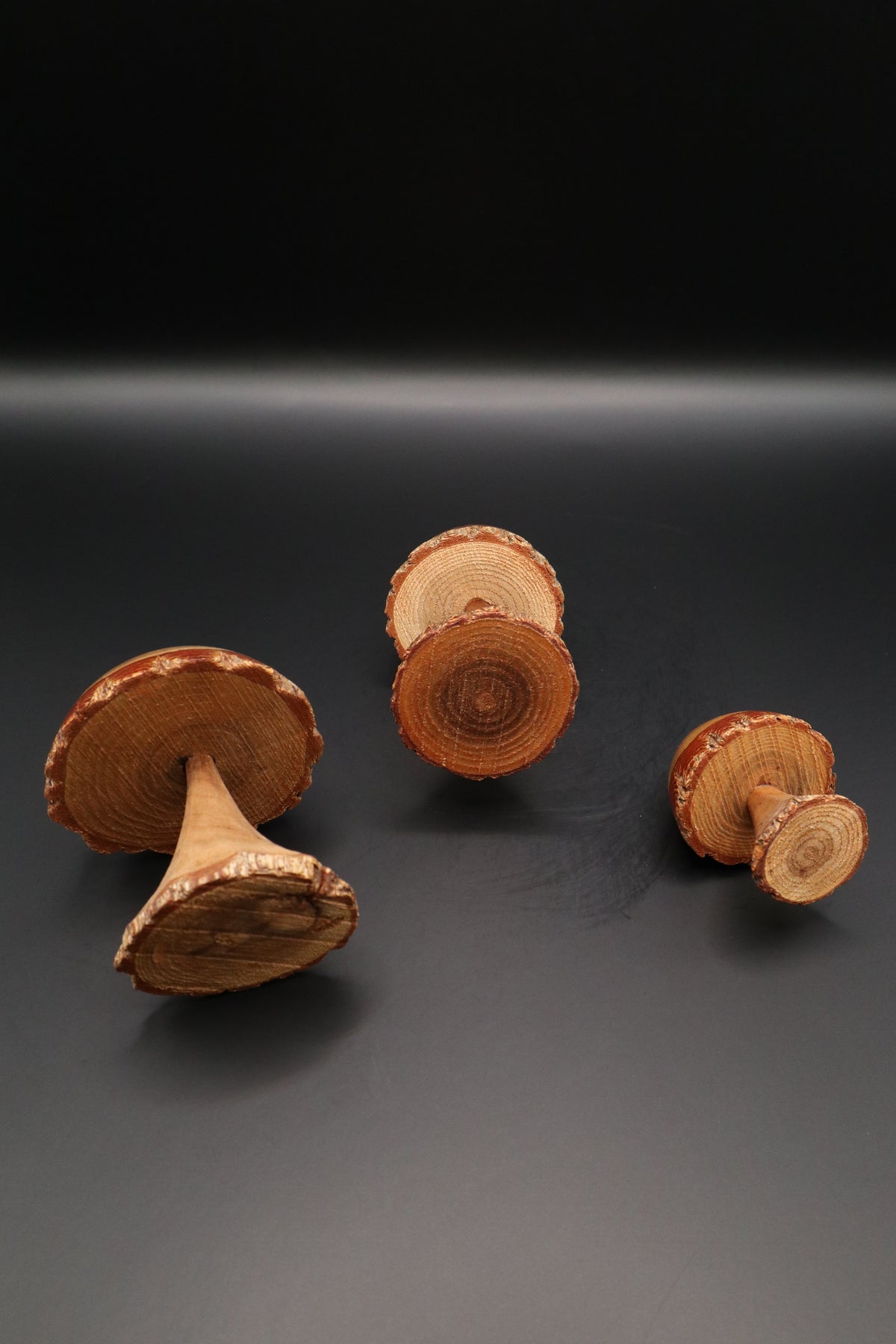 VINTAGE HAND-MADE WOOD CARVED MUSHROOMS (SET OF 3)