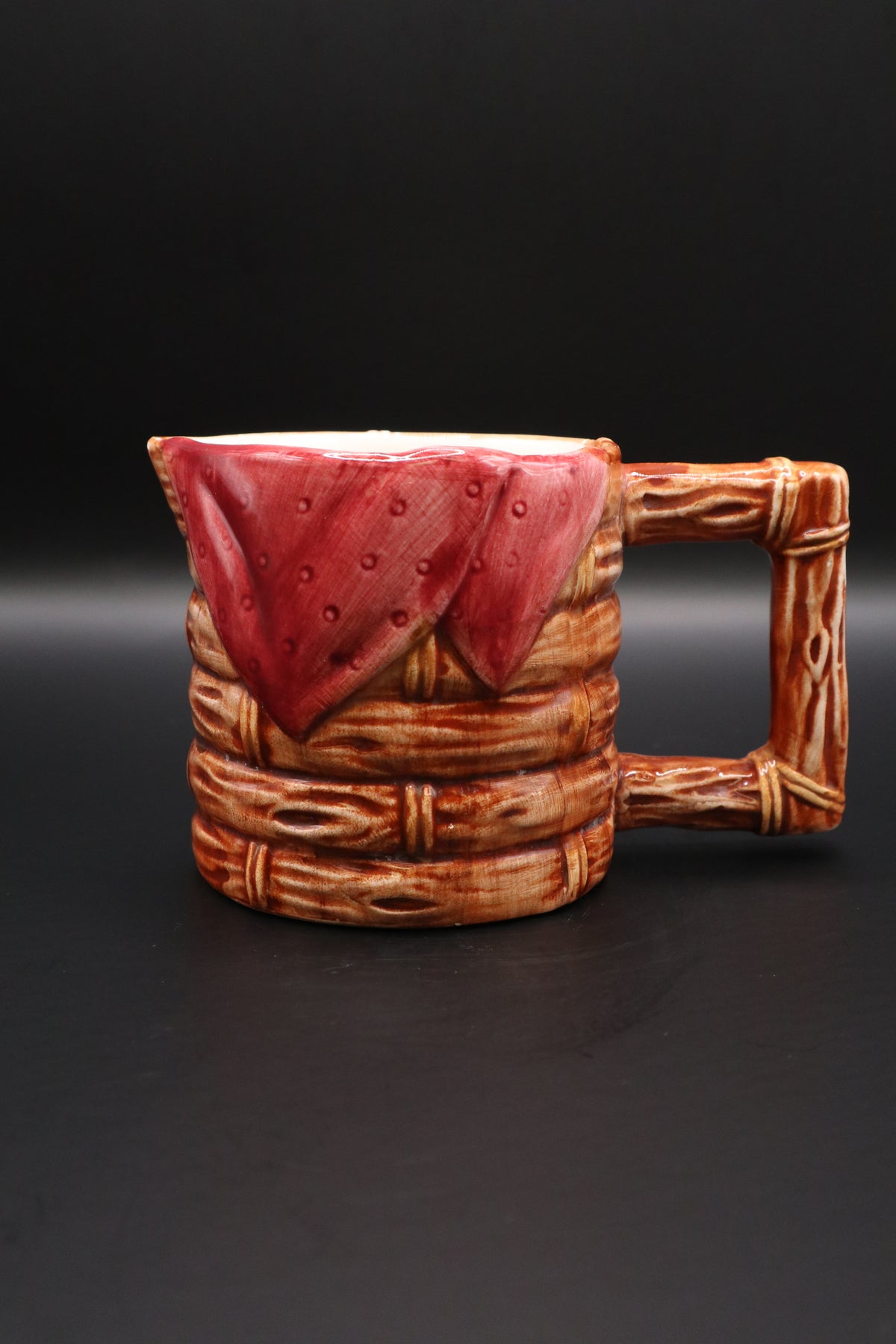 VINTAGE GLAZED CERAMIC BASKET WEAVE RED BANDANA CREAMER