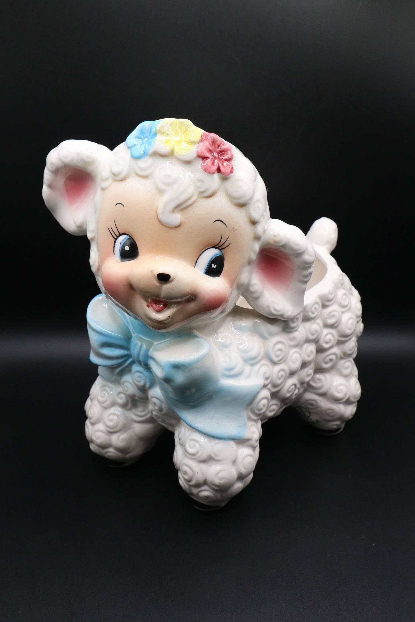 VINTAGE RUBENS CERAMIC LAMB PLANTER BLUE RIBBON