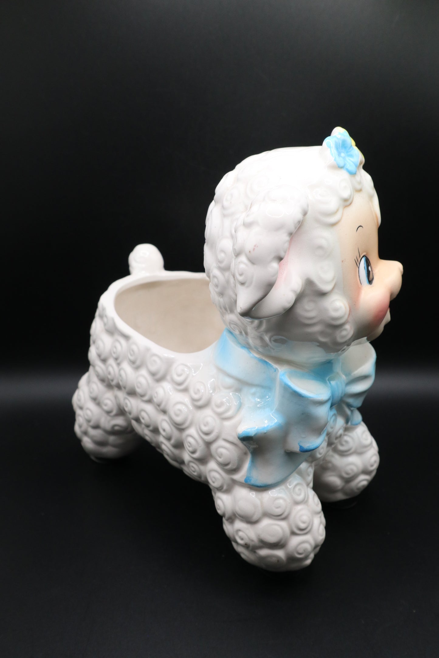 VINTAGE RUBENS CERAMIC LAMB PLANTER BLUE RIBBON