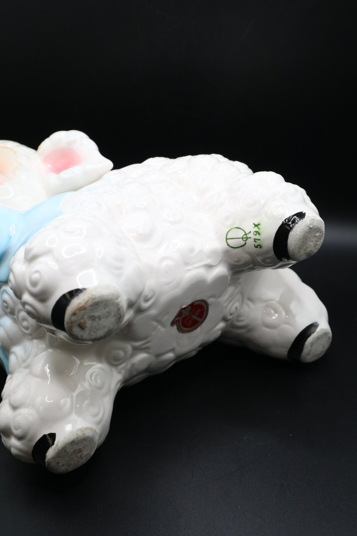 VINTAGE RUBENS CERAMIC LAMB PLANTER BLUE RIBBON