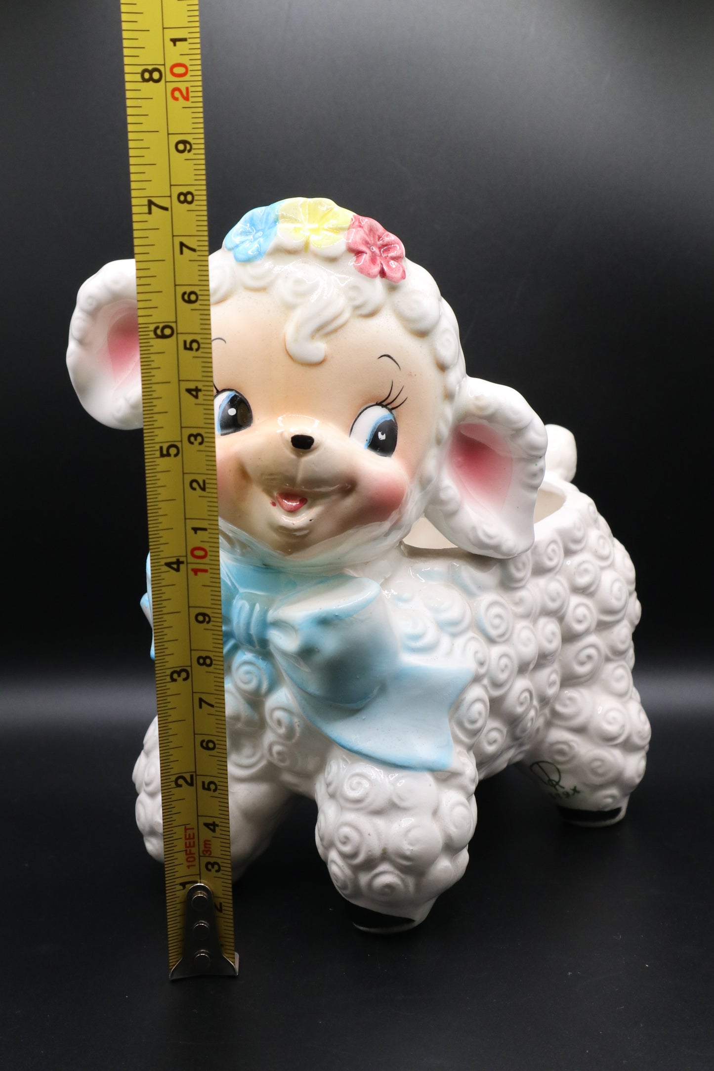 VINTAGE RUBENS CERAMIC LAMB PLANTER BLUE RIBBON