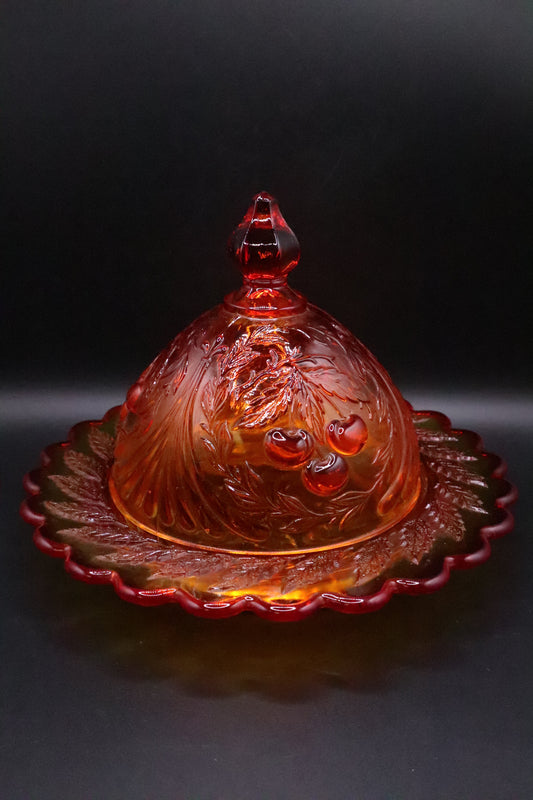 VINTAGE L.G. WRIGHT TREE CHERRY AMBERINA COVERED BUTTER DISH