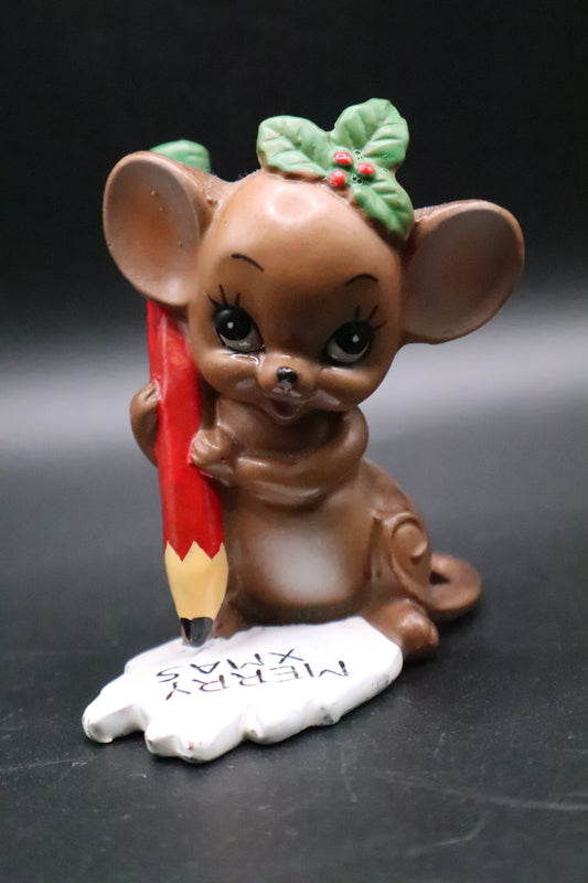 VINTAGE JOSEF ORIGINAL CHRISTMAS MOUSE FIGURINE HOLDING PENCIL