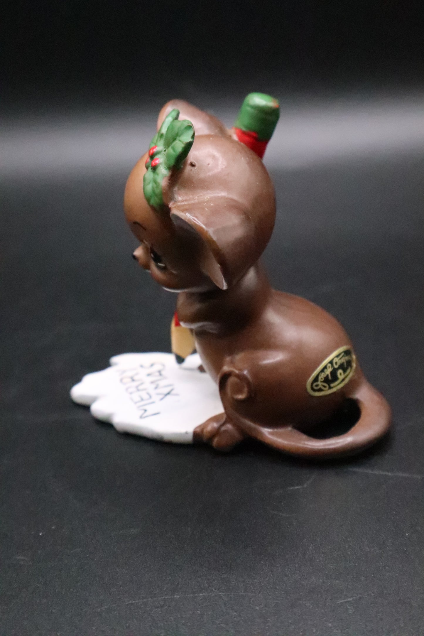 VINTAGE JOSEF ORIGINAL CHRISTMAS MOUSE FIGURINE HOLDING PENCIL