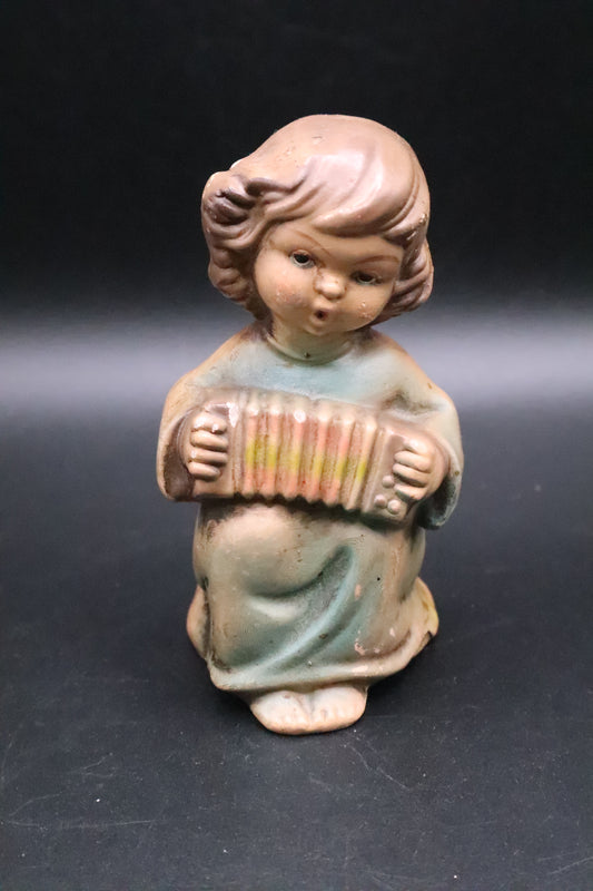 1960's VINTAGE BLUE TINT GIRL ANGEL WITH ACCORDION CHALKWARE FIGURINE