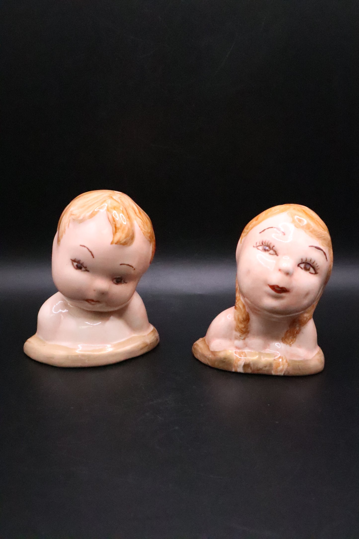 VINTAGE BOY AND GIRL CERAMIC BUST SALT AND PEPPER SHAKERS