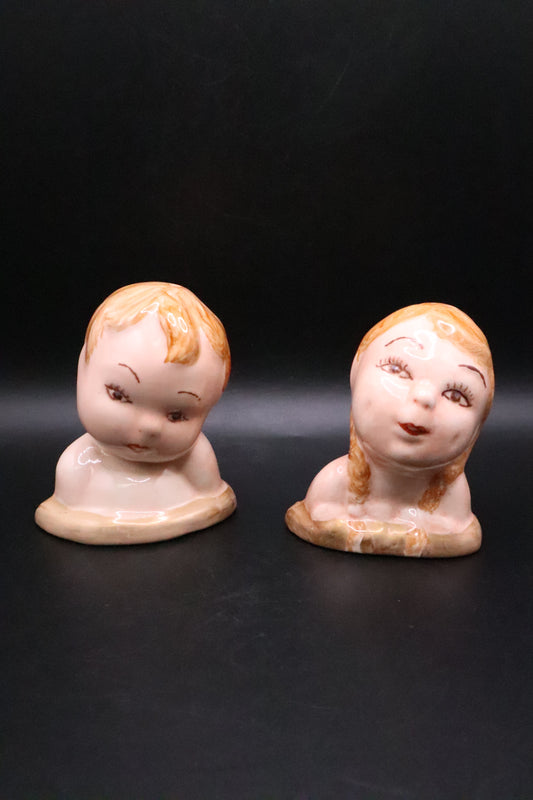 VINTAGE BOY AND GIRL CERAMIC BUST SALT AND PEPPER SHAKERS