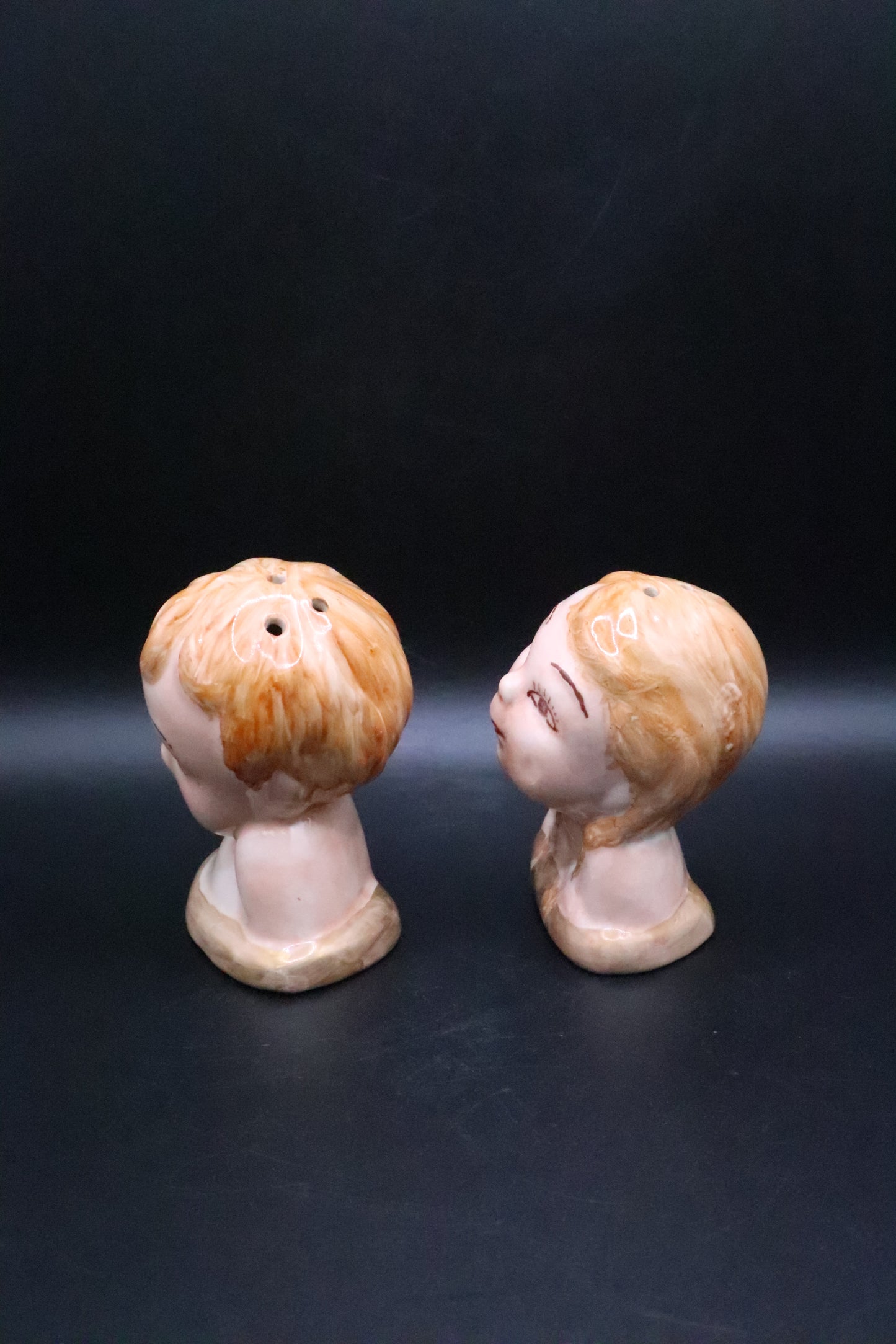 VINTAGE BOY AND GIRL CERAMIC BUST SALT AND PEPPER SHAKERS