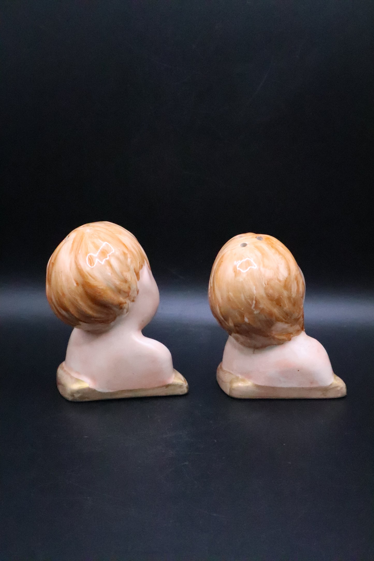 VINTAGE BOY AND GIRL CERAMIC BUST SALT AND PEPPER SHAKERS