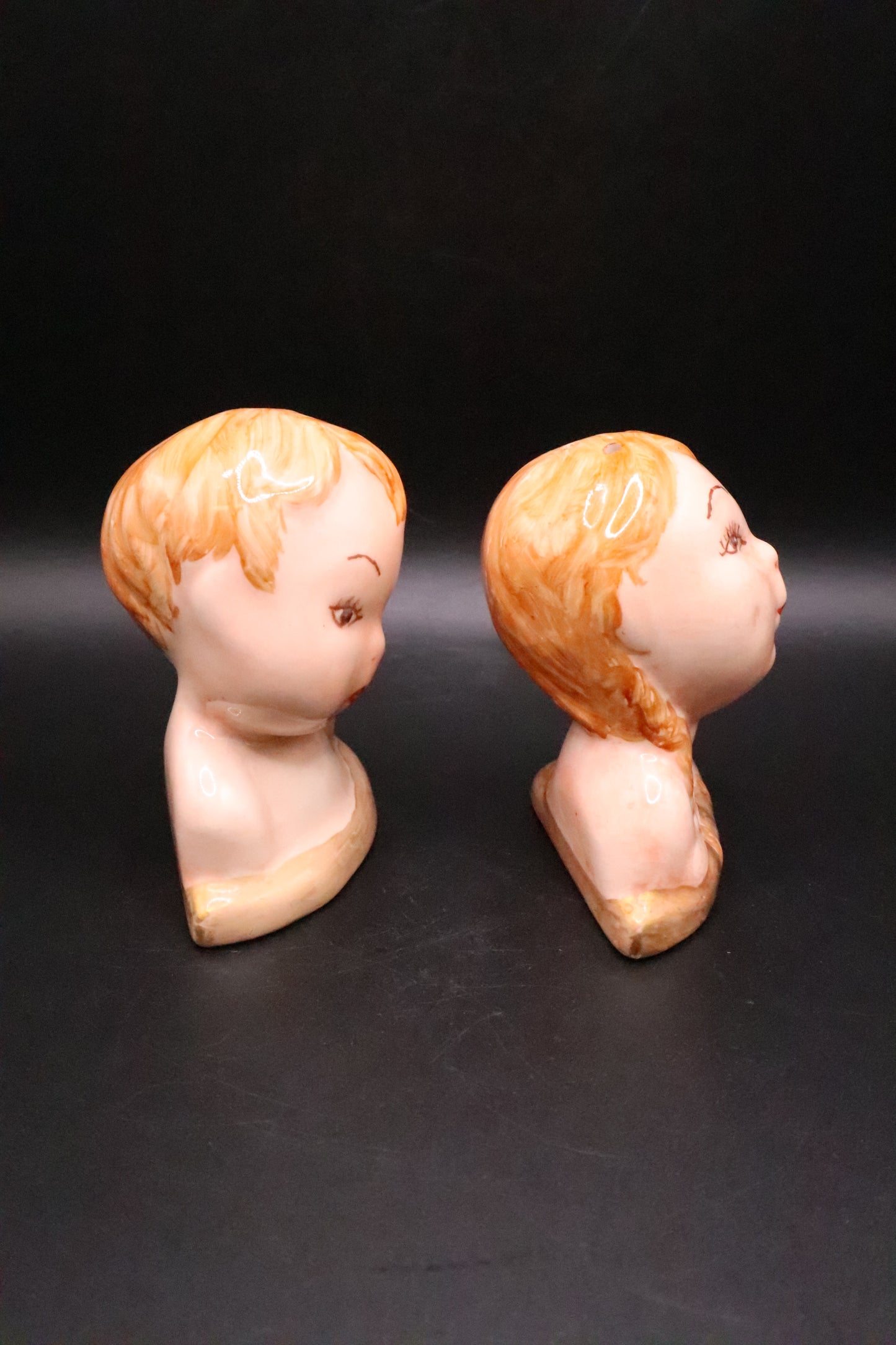 VINTAGE BOY AND GIRL CERAMIC BUST SALT AND PEPPER SHAKERS