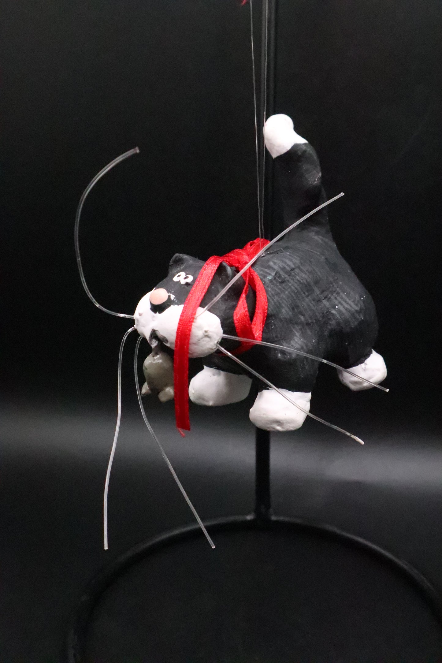 BLACK AND WHITE CAT WITH MOUSE ORNAMENT