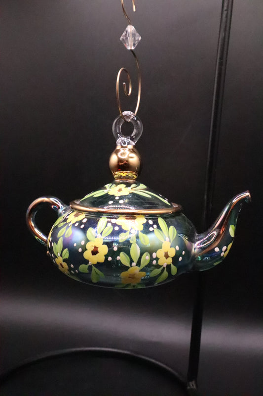VINTAGE MATT MCGHEE GLASS ORNAMENT HAND PAINTED TEA POT FLOWERS GOLD