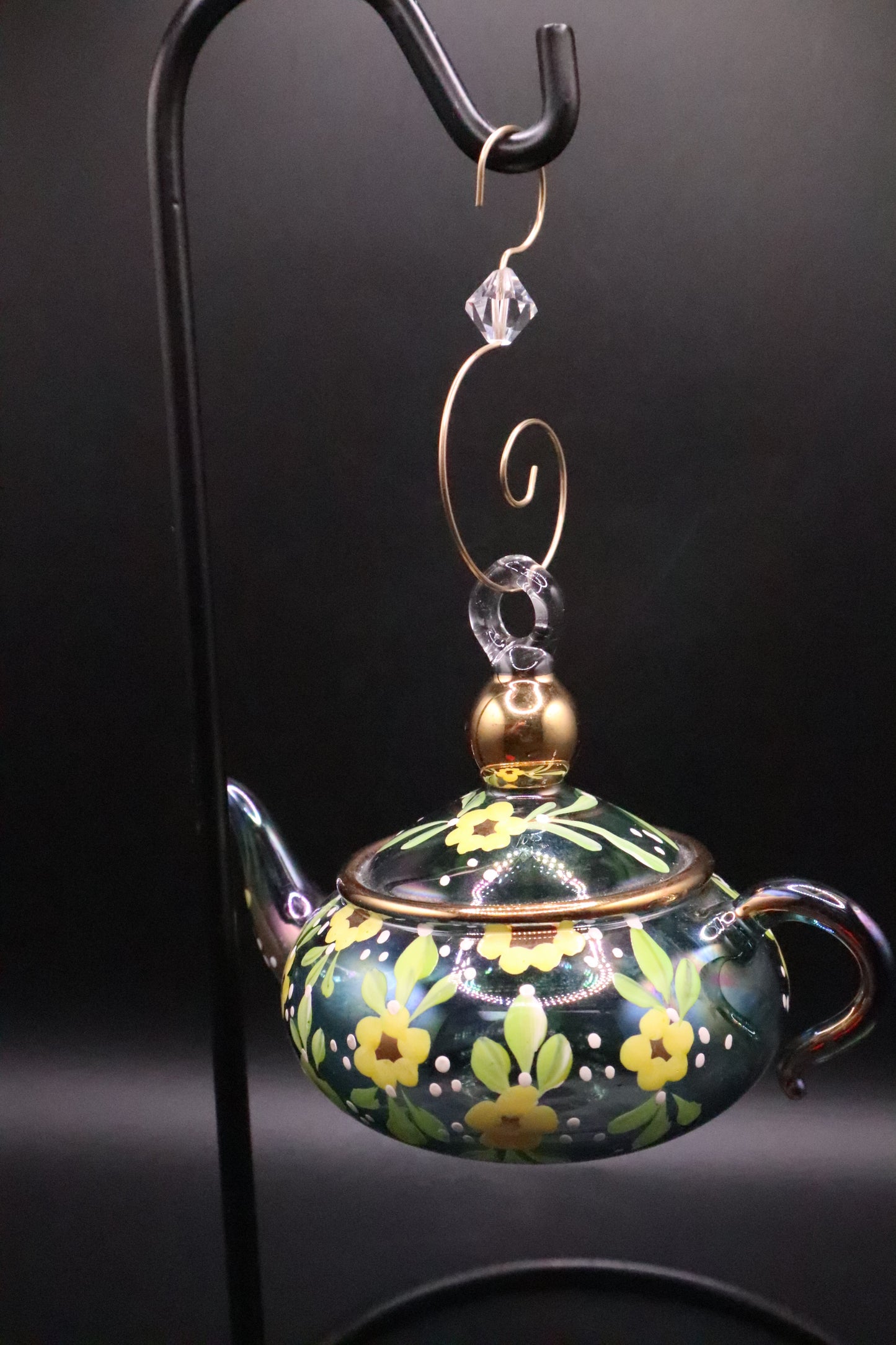 VINTAGE MATT MCGHEE GLASS ORNAMENT HAND PAINTED TEA POT FLOWERS GOLD