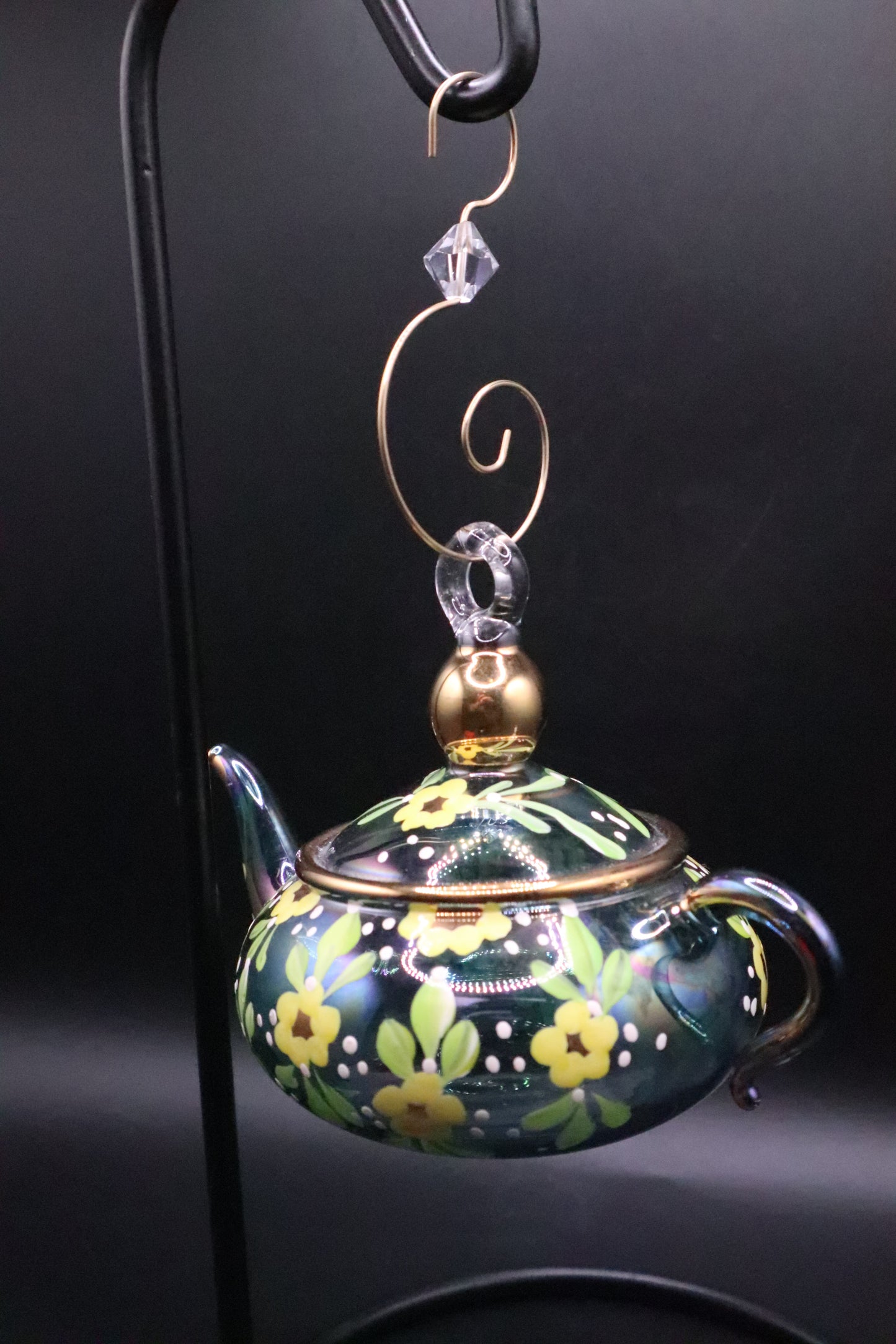 VINTAGE MATT MCGHEE GLASS ORNAMENT HAND PAINTED TEA POT FLOWERS GOLD