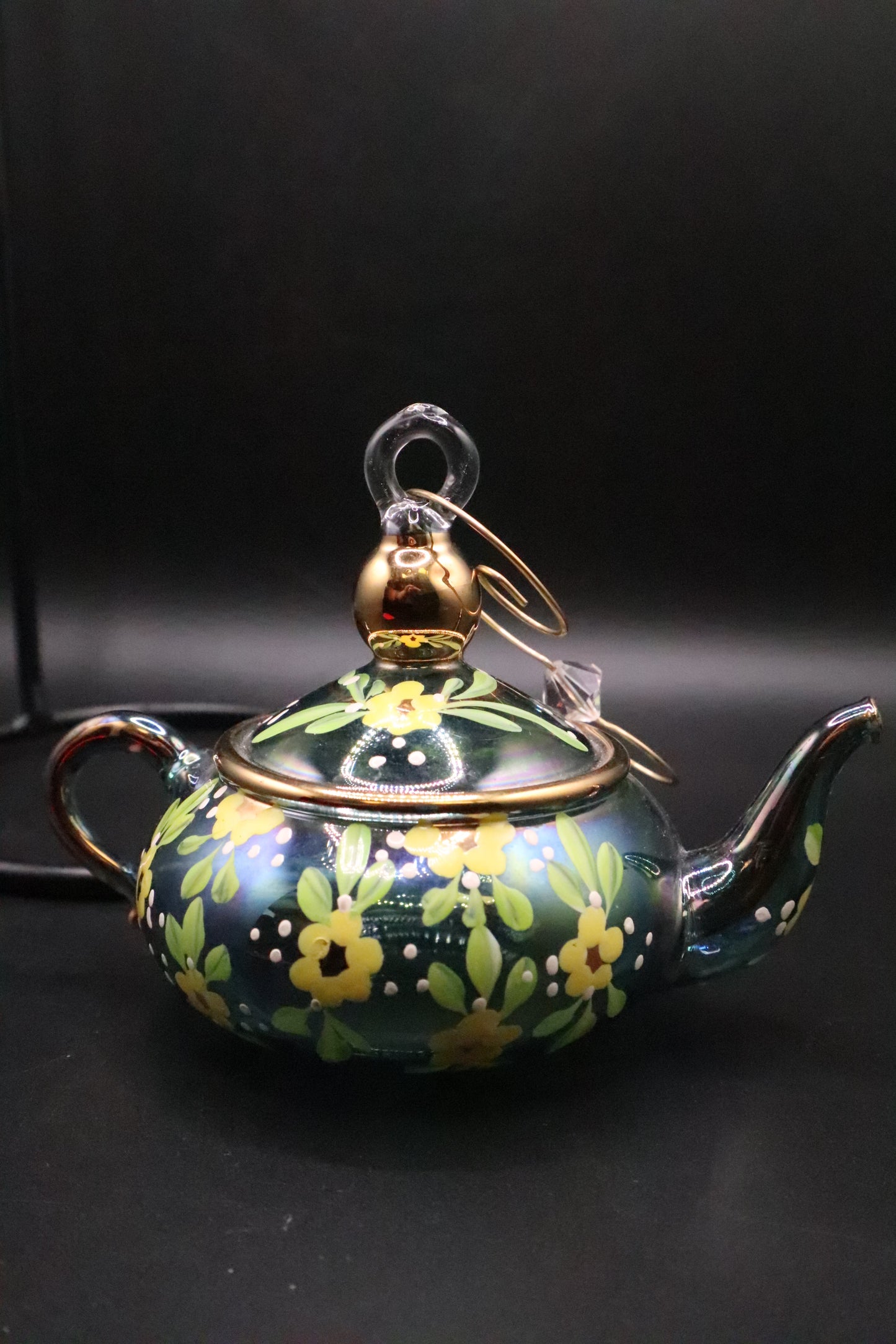 VINTAGE MATT MCGHEE GLASS ORNAMENT HAND PAINTED TEA POT FLOWERS GOLD