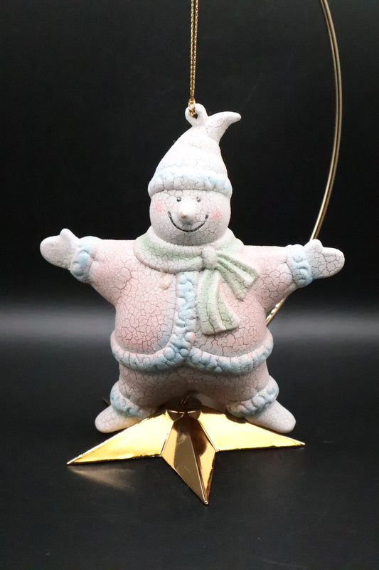 CHRISTMAS STAR SHAPE CERAMIC CRACKLE SNOWMAN ORNAMENT