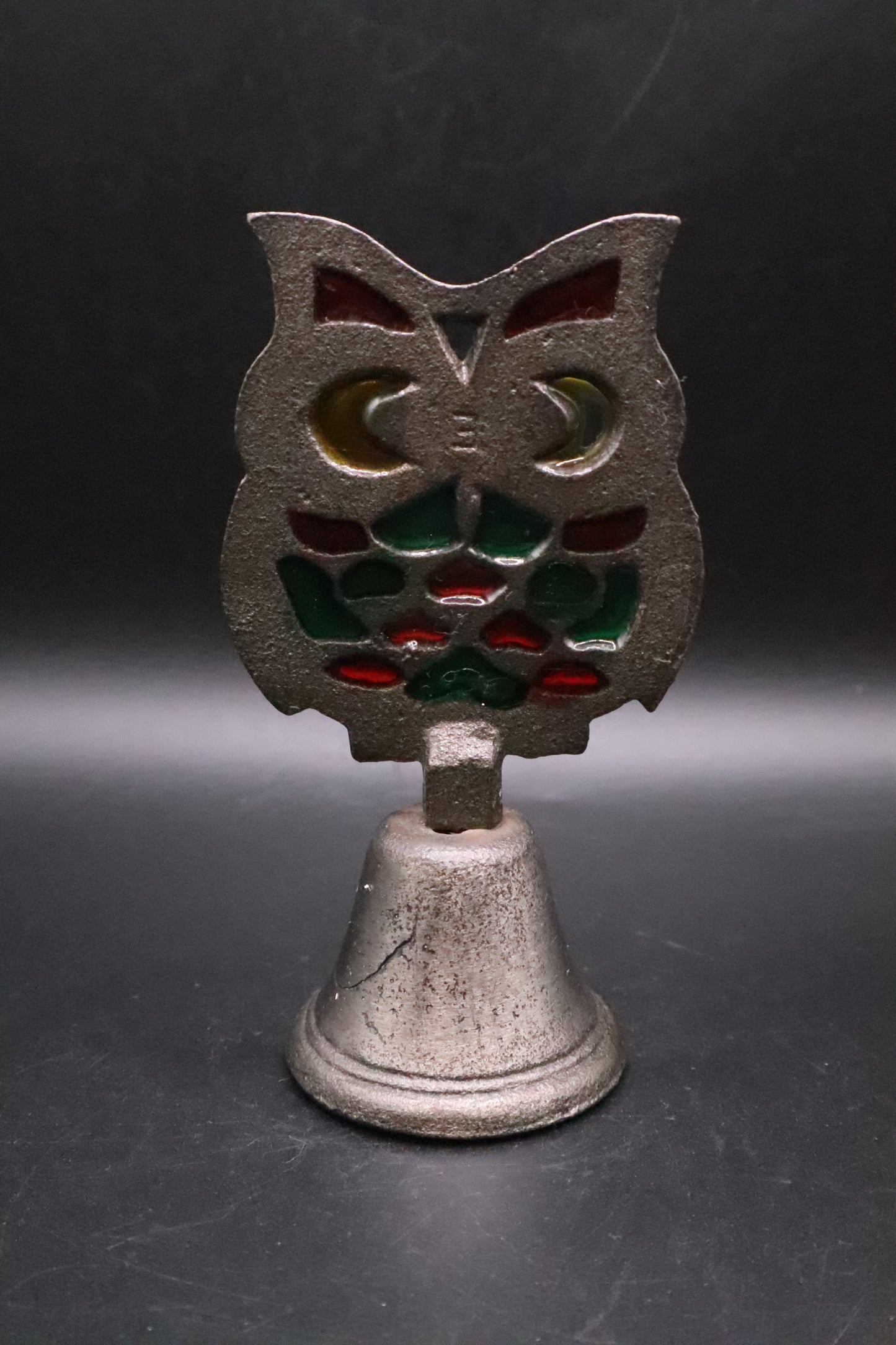 VINTAGE CAST IRON STAINED GLASS OWL BELL