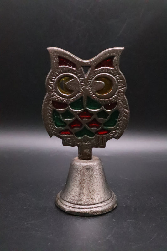 VINTAGE CAST IRON STAINED GLASS OWL BELL