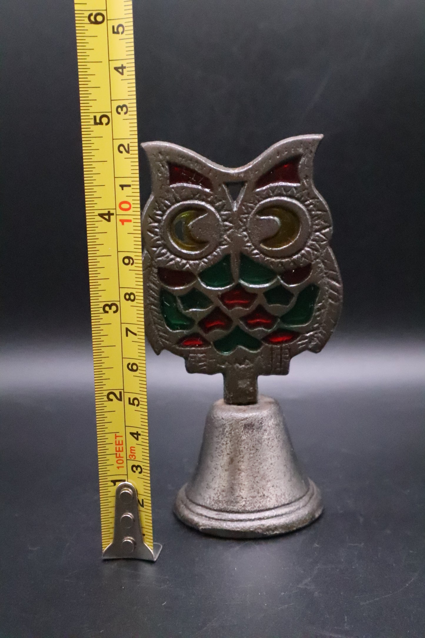 VINTAGE CAST IRON STAINED GLASS OWL BELL