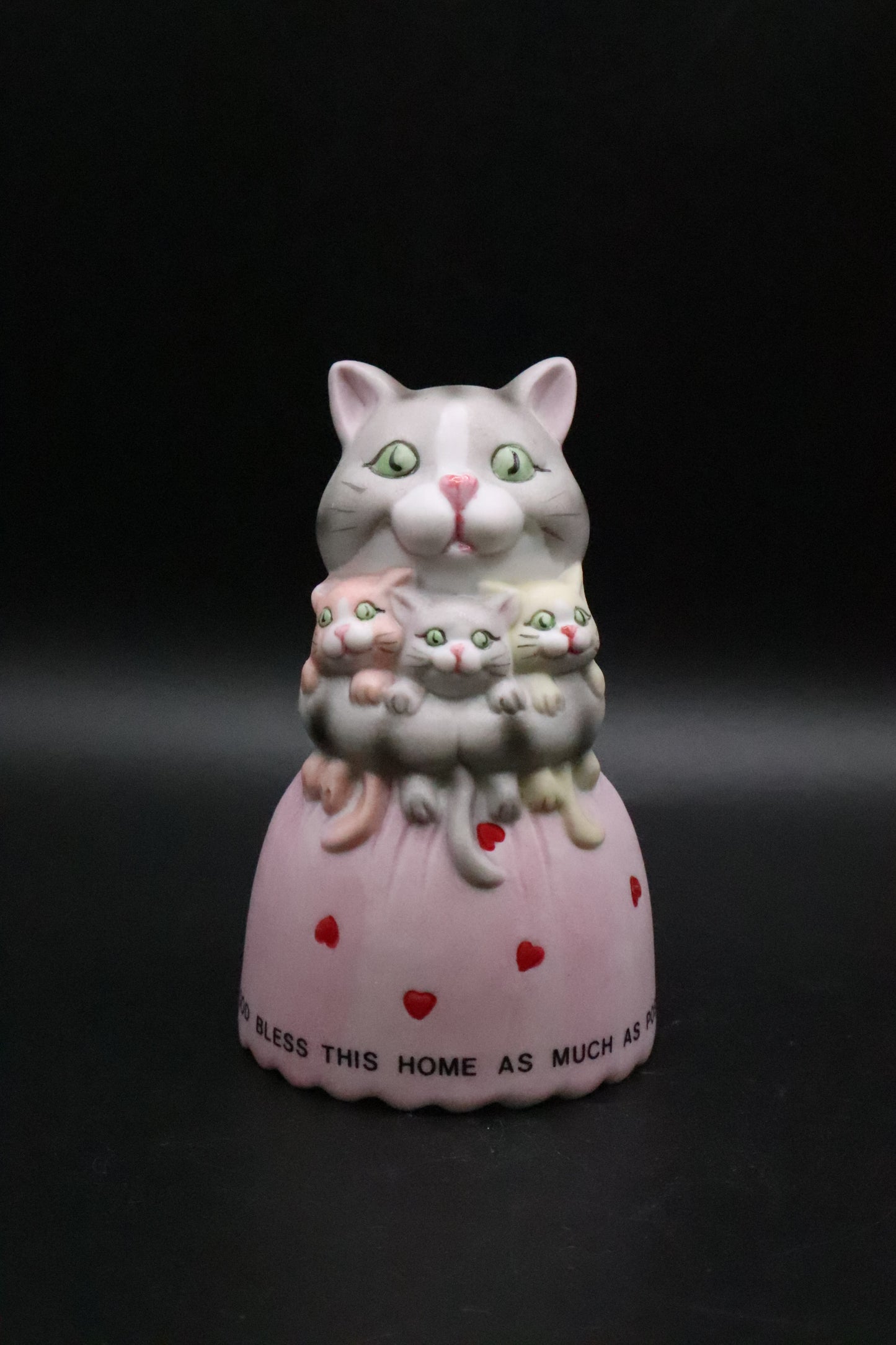 VINTAGE BISQUE MOMMA KITTY HOLDING 3 BABY KITTIES BELL