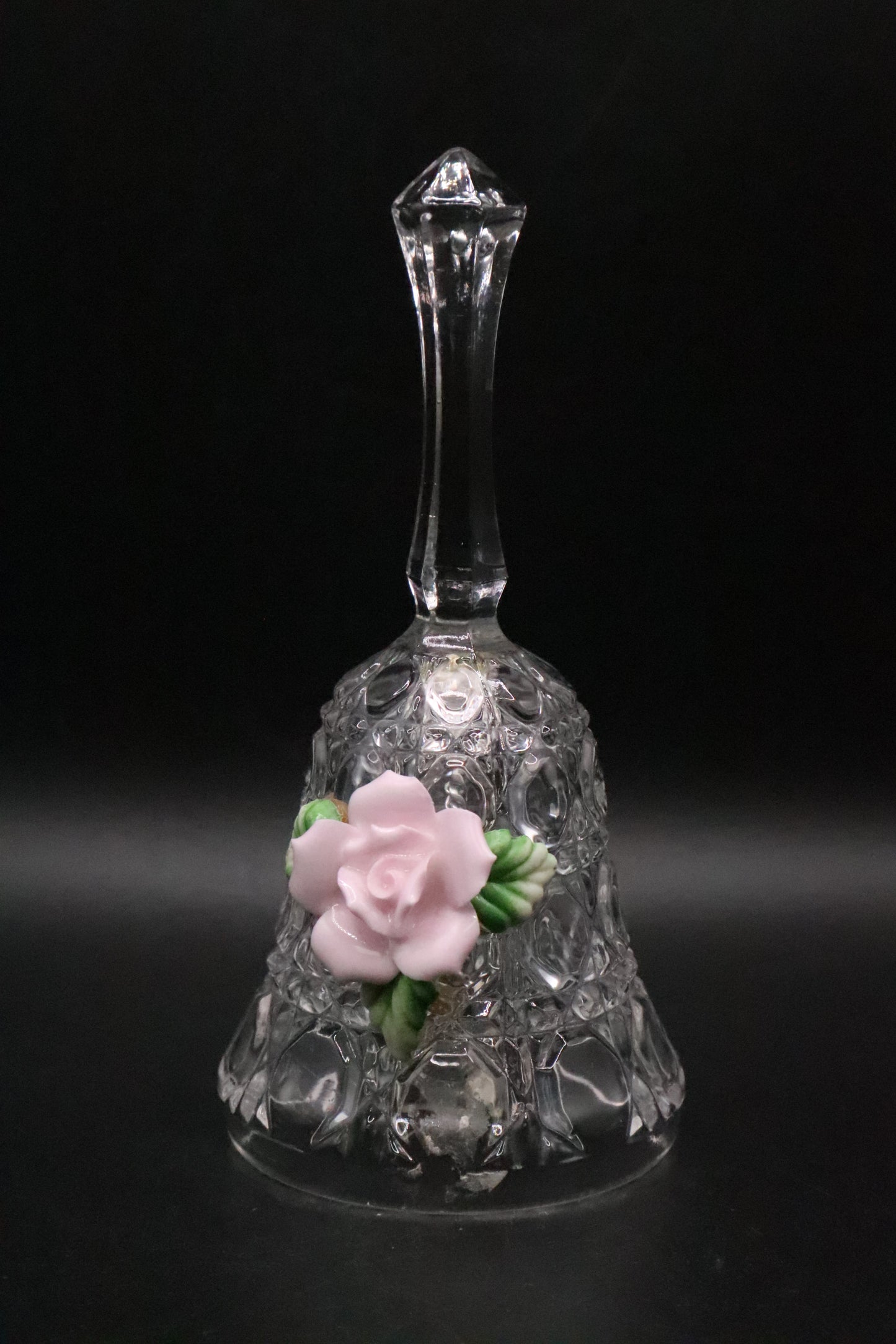 VINTAGE CUT CLEAR GLASS WITH CERAMIC ROSE BELL