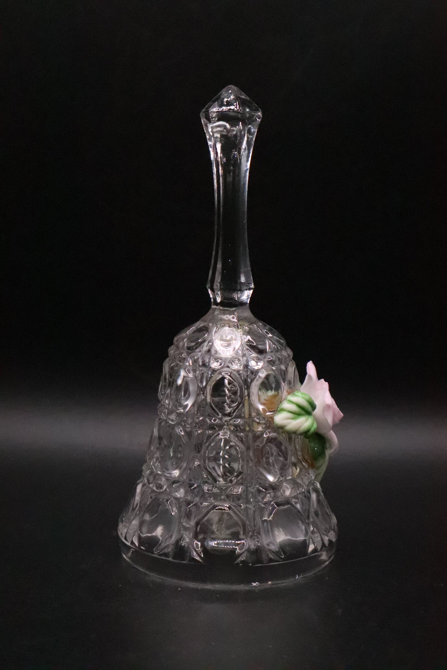 VINTAGE CUT CLEAR GLASS WITH CERAMIC ROSE BELL