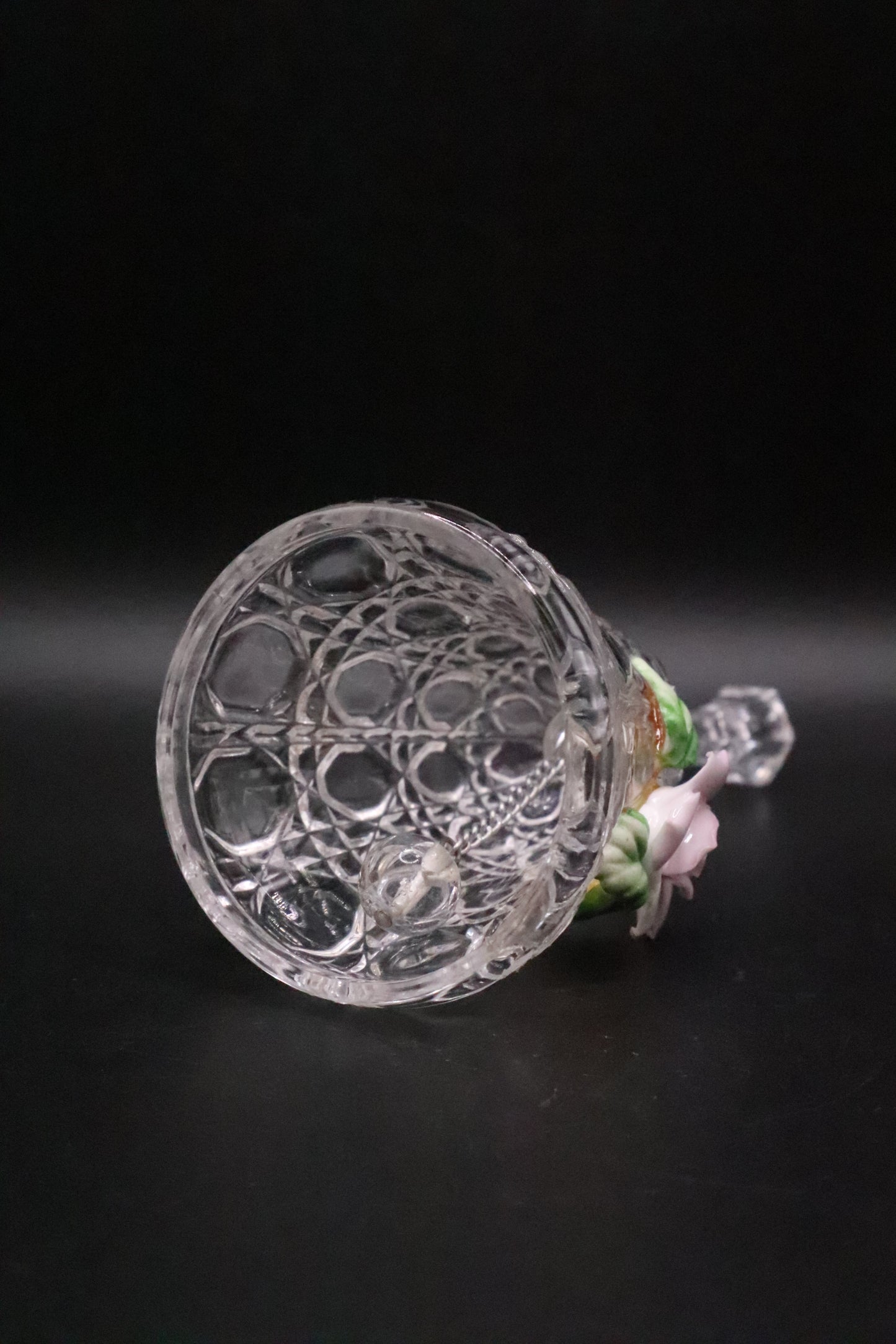 VINTAGE CUT CLEAR GLASS WITH CERAMIC ROSE BELL