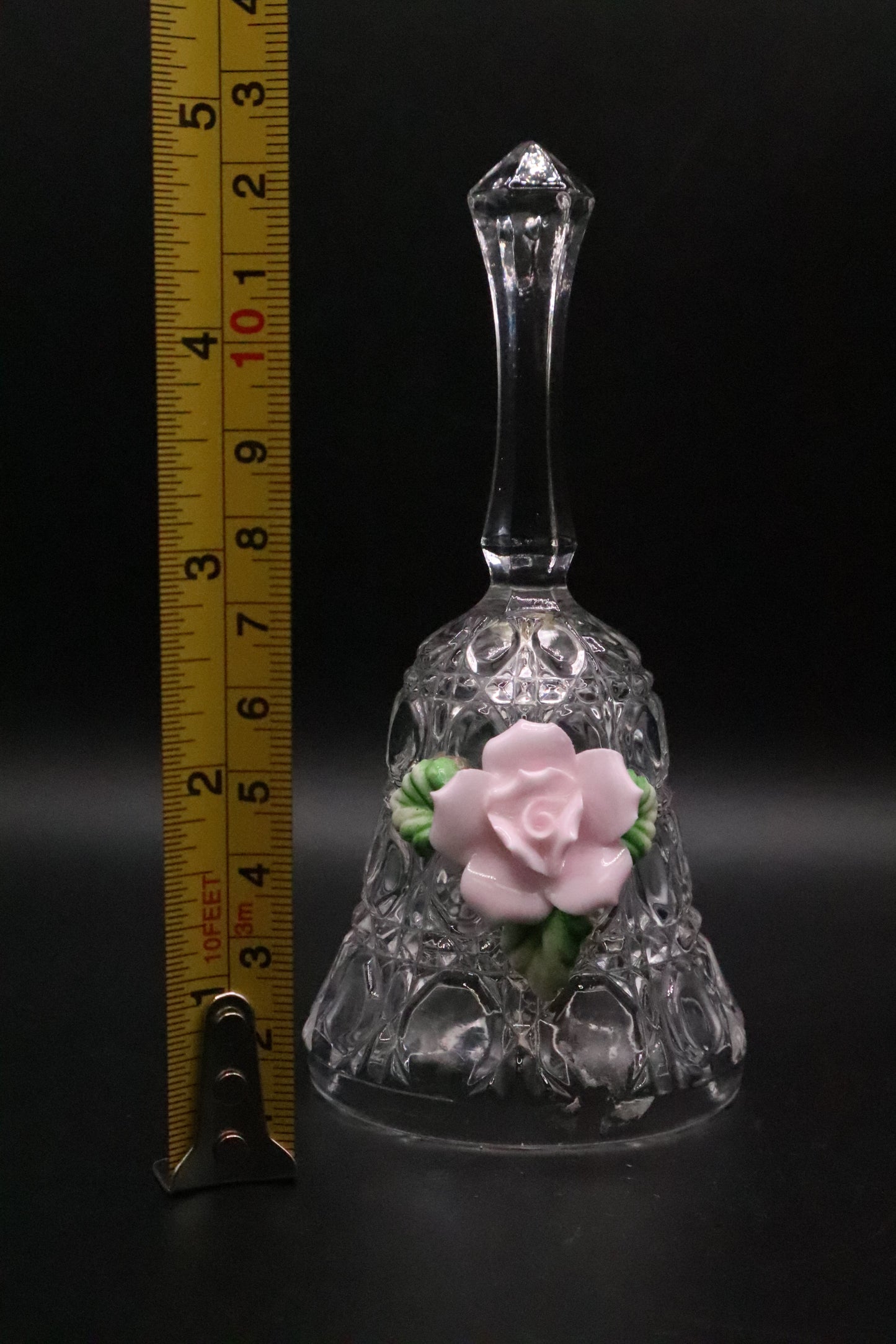 VINTAGE CUT CLEAR GLASS WITH CERAMIC ROSE BELL