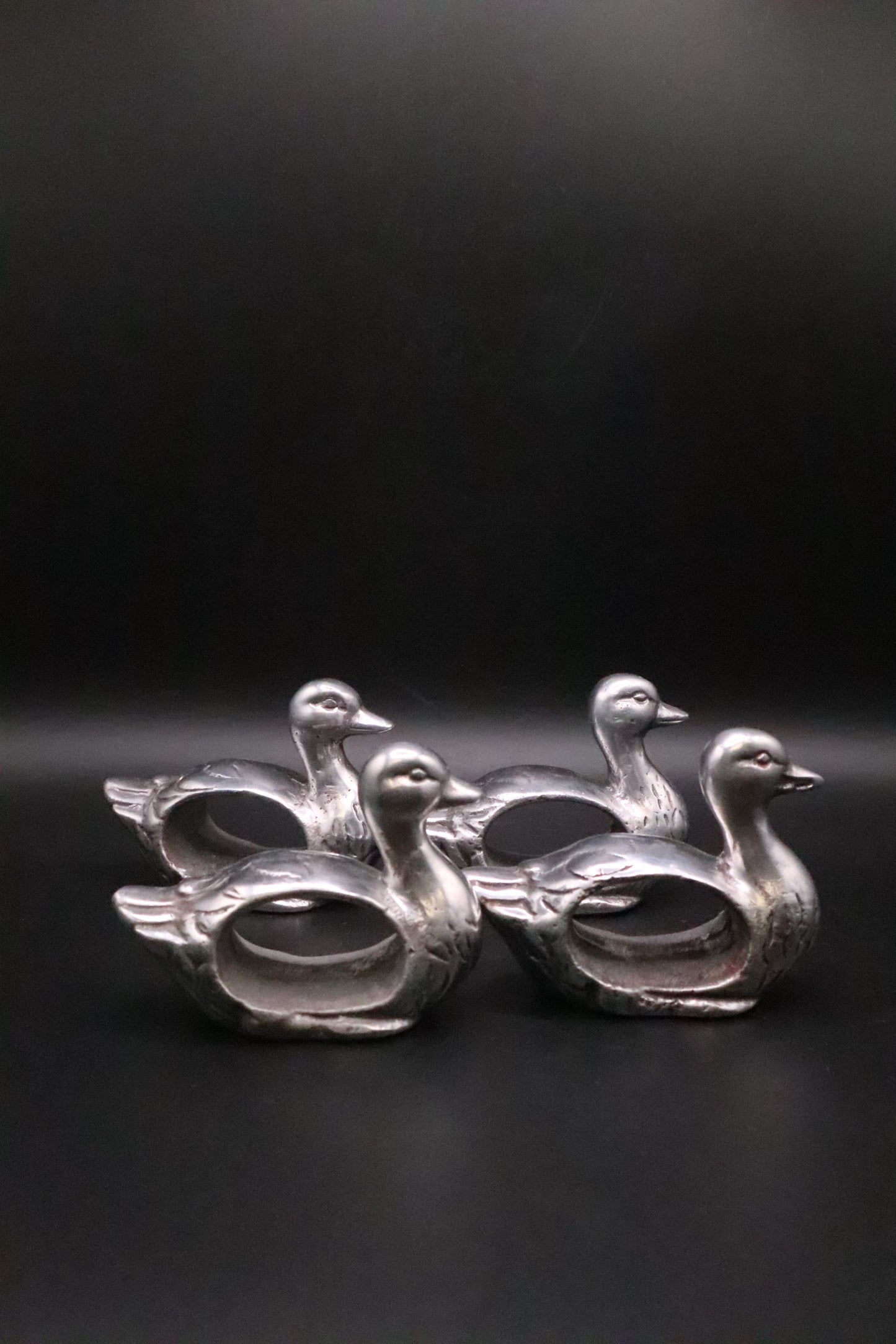 VINTAGE "SHAFORD" PEWTER DUCK NAPKIN RINGS SET OF 4