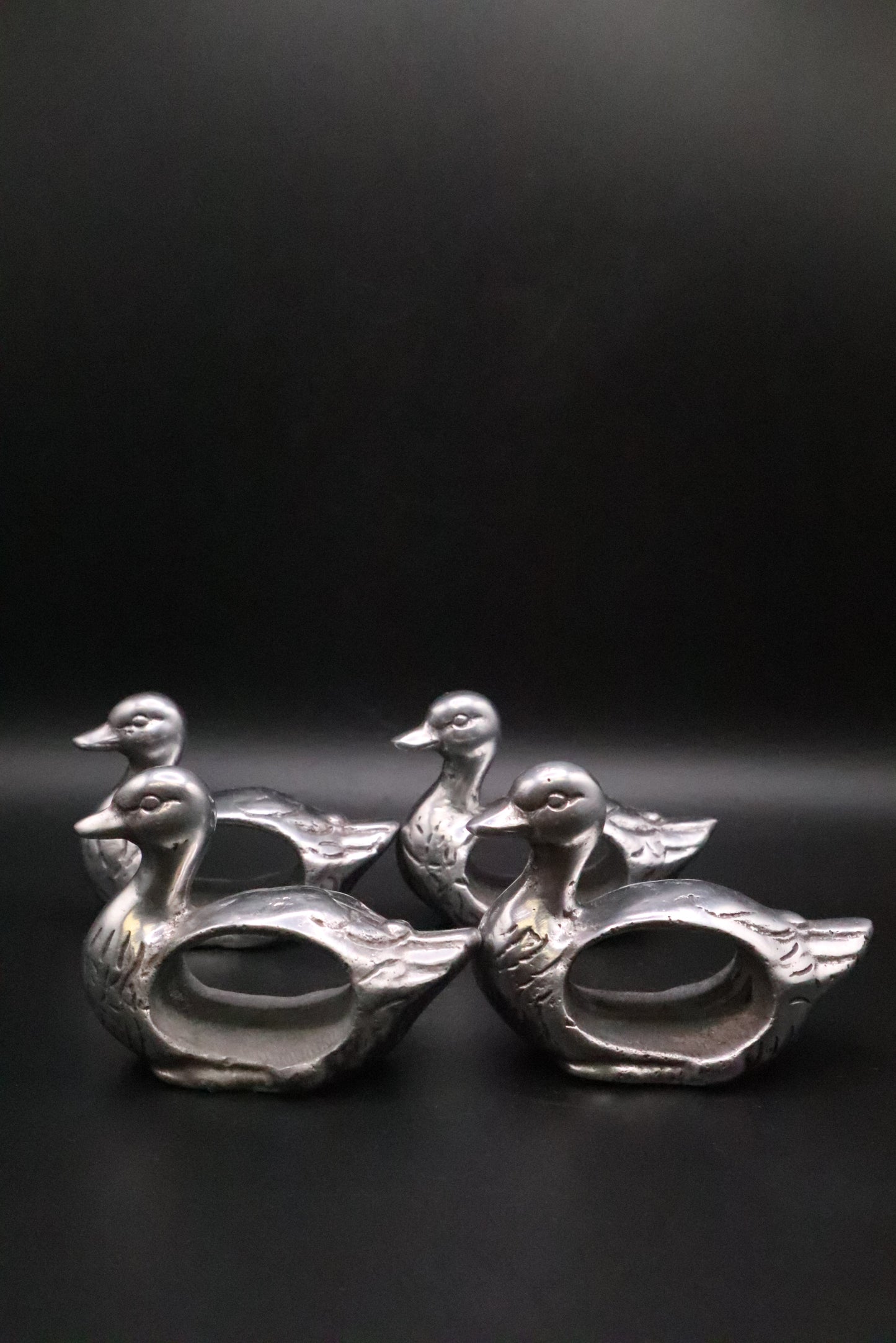 VINTAGE "SHAFORD" PEWTER DUCK NAPKIN RINGS SET OF 4