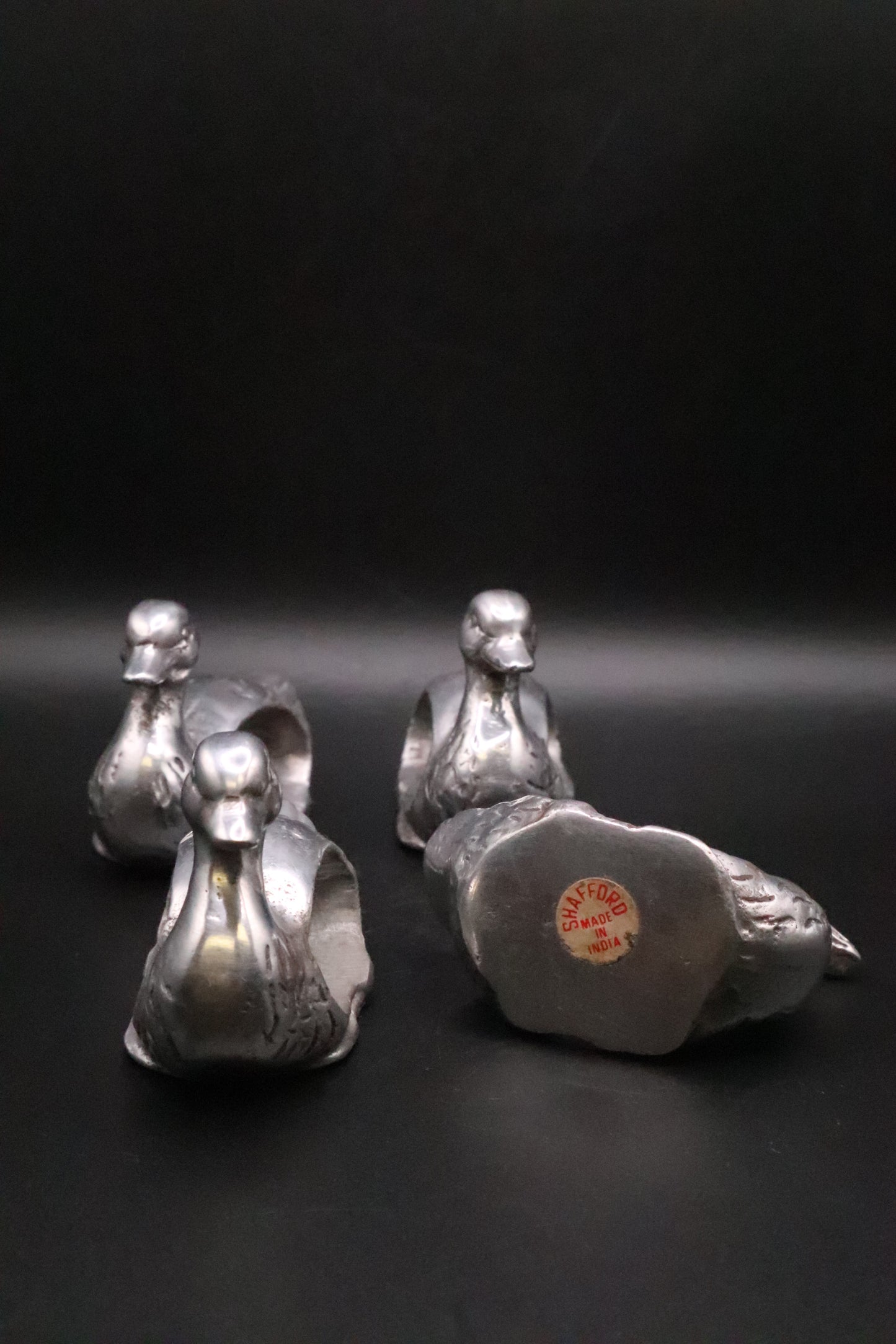 VINTAGE "SHAFORD" PEWTER DUCK NAPKIN RINGS SET OF 4