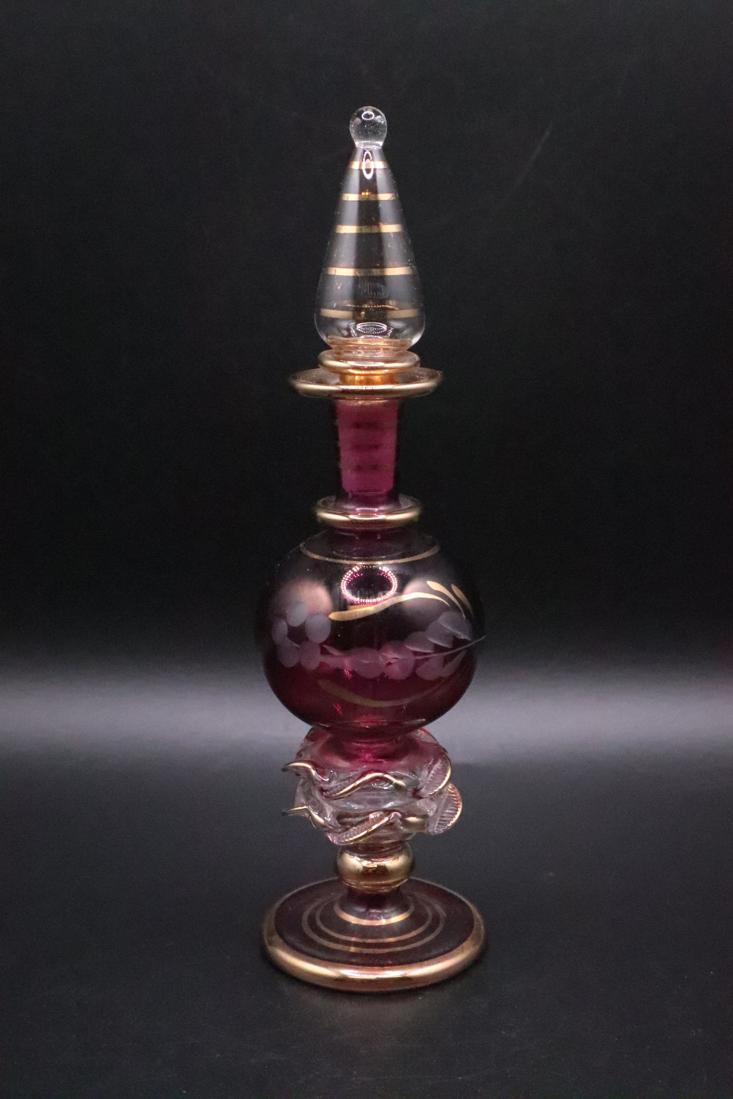 EGYPTIAN GLASS PERFUME BOTTLE CRANBERRY RED WITH GOLD ACCENT