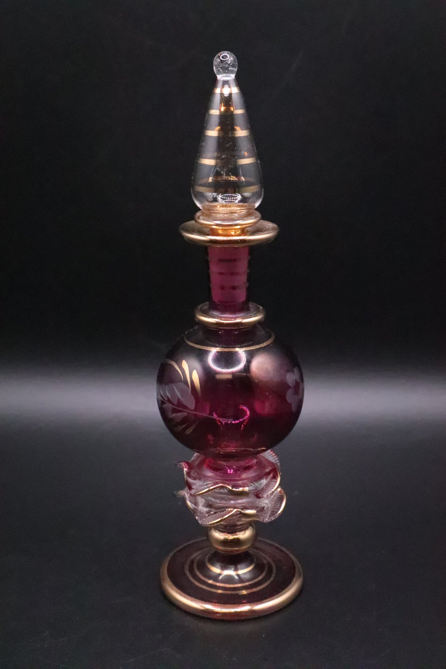 EGYPTIAN GLASS PERFUME BOTTLE CRANBERRY RED WITH GOLD ACCENT