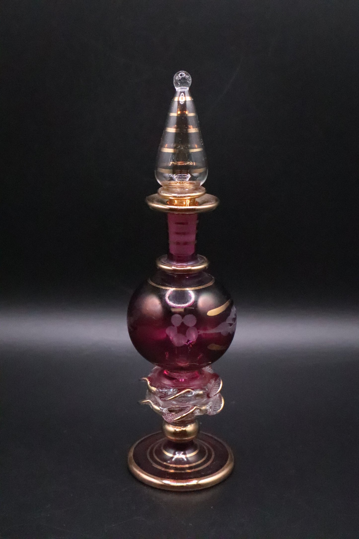 EGYPTIAN GLASS PERFUME BOTTLE CRANBERRY RED WITH GOLD ACCENT