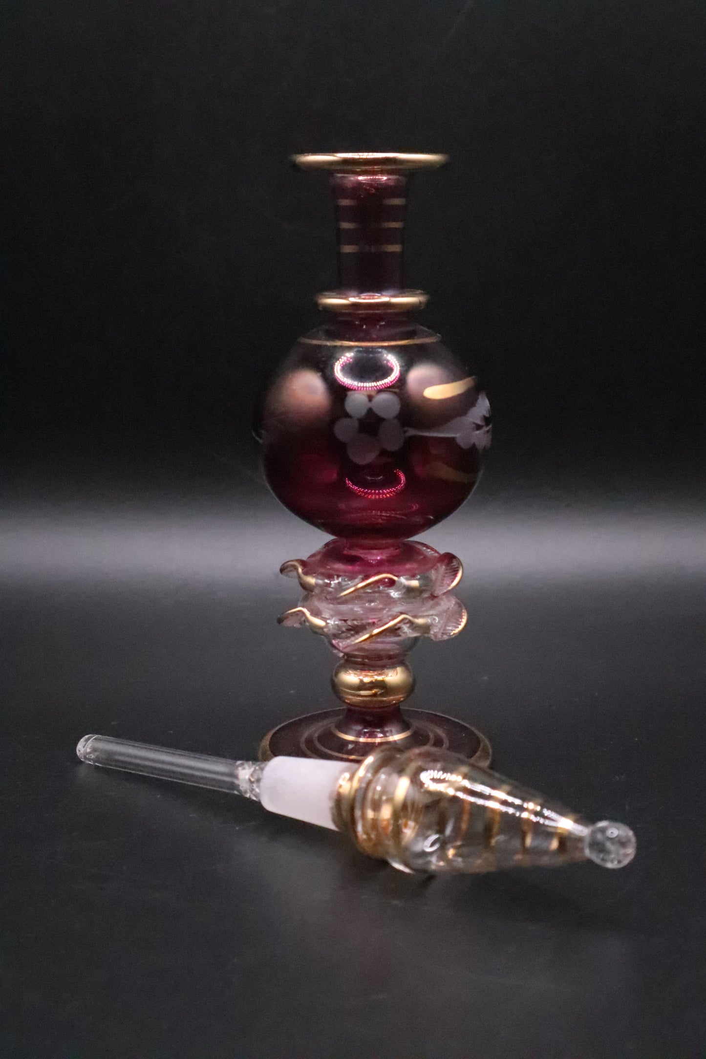 EGYPTIAN GLASS PERFUME BOTTLE CRANBERRY RED WITH GOLD ACCENT
