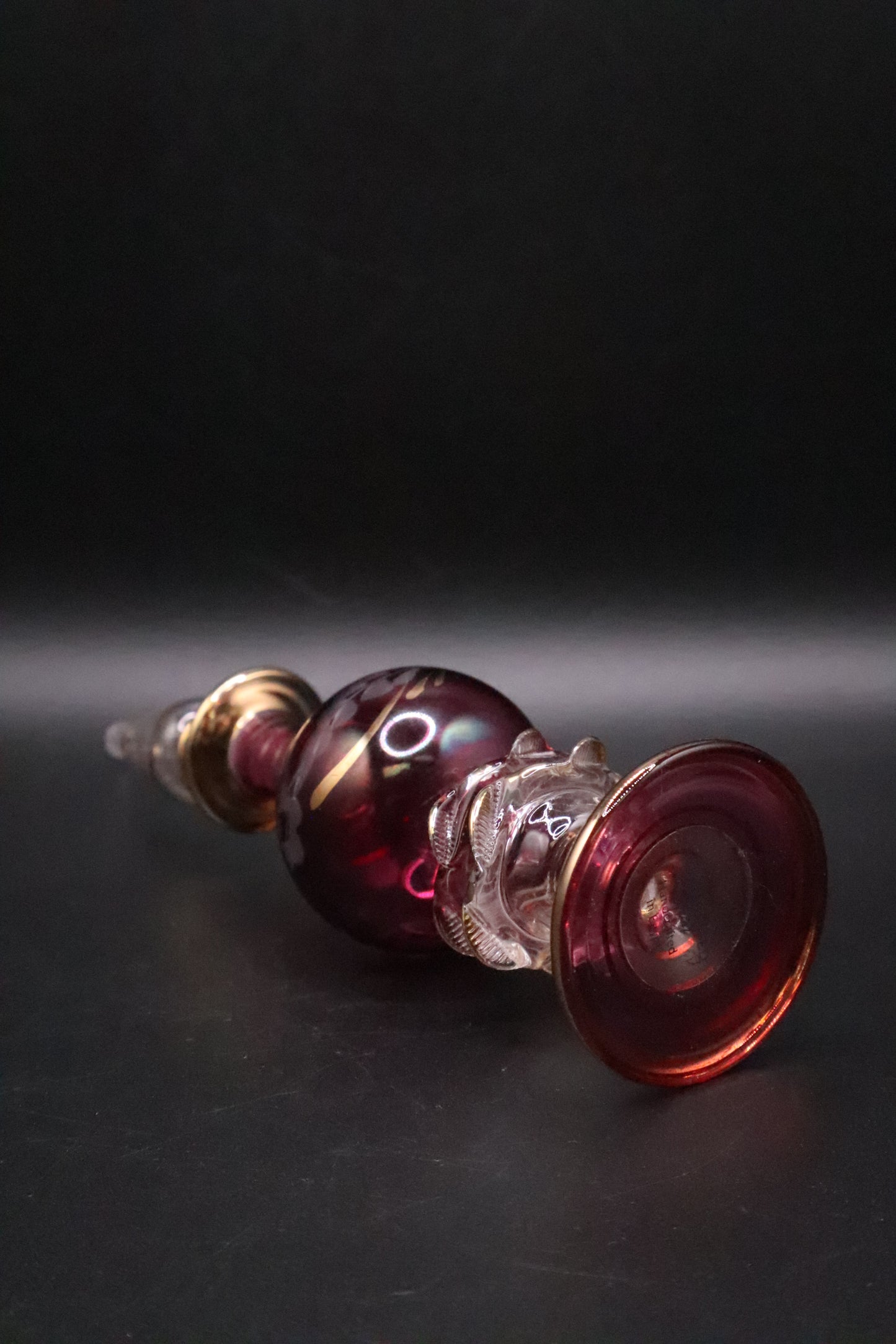 EGYPTIAN GLASS PERFUME BOTTLE CRANBERRY RED WITH GOLD ACCENT