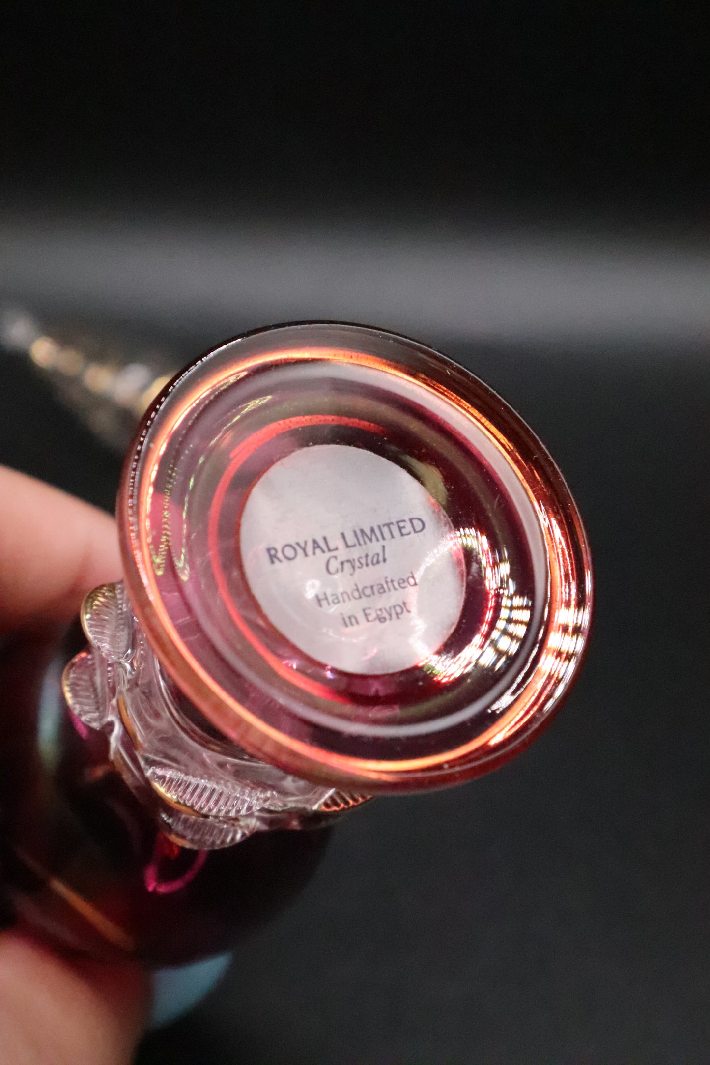 EGYPTIAN GLASS PERFUME BOTTLE CRANBERRY RED WITH GOLD ACCENT