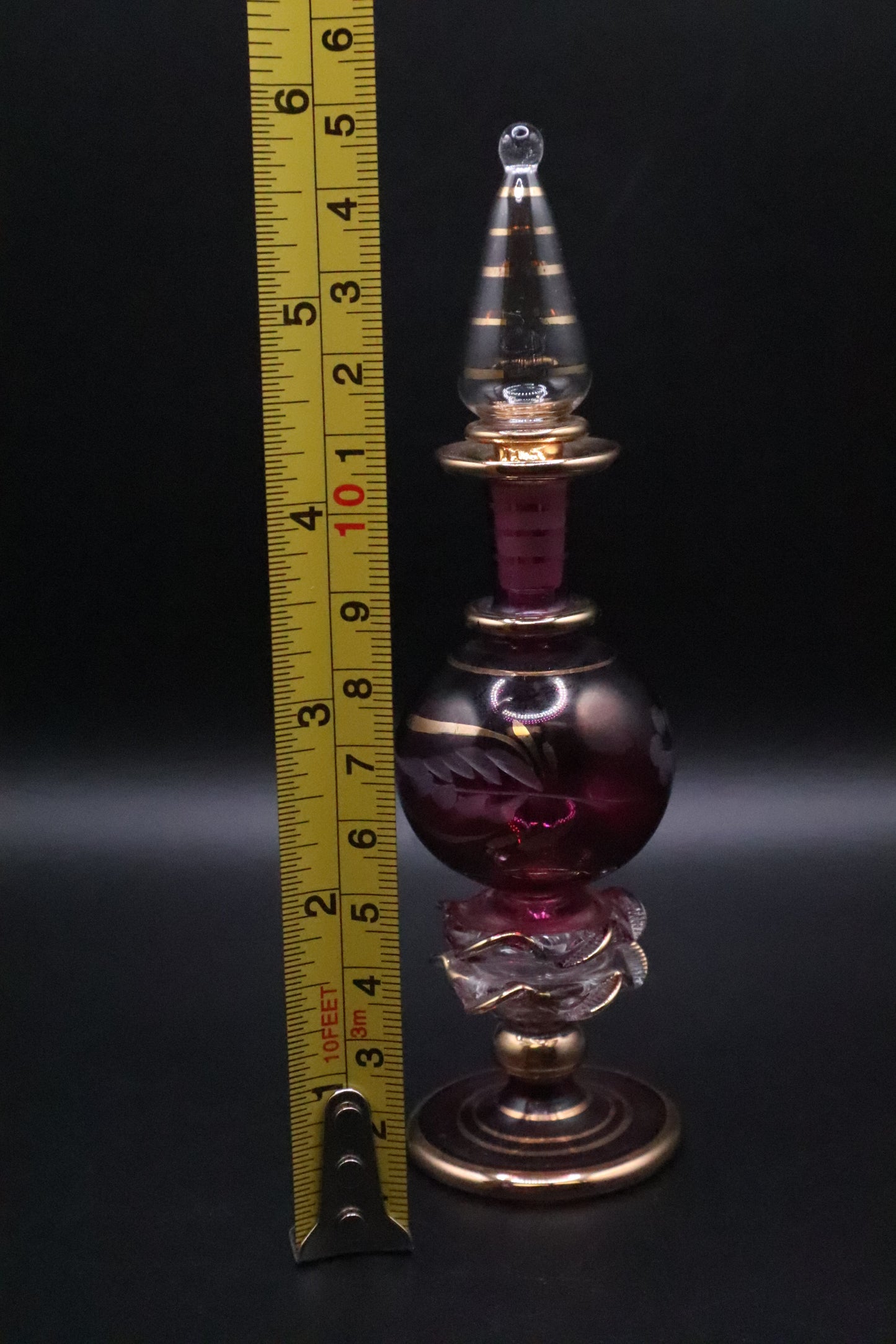 EGYPTIAN GLASS PERFUME BOTTLE CRANBERRY RED WITH GOLD ACCENT