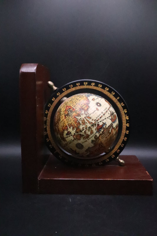 VINTAGE SET OF WOODEN OLD WORLD SPINNING GLOBE BOOKENDS