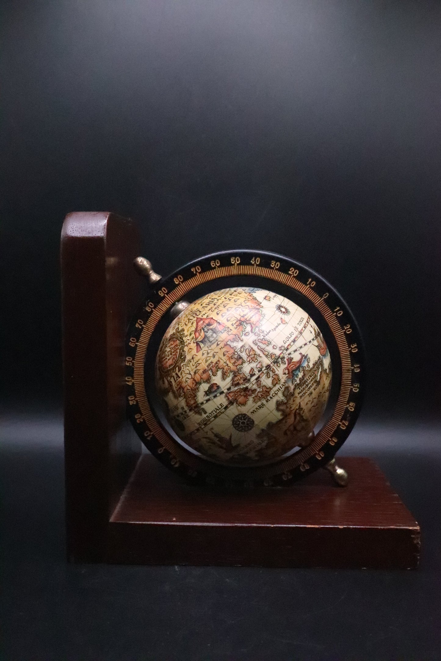 VINTAGE SET OF WOODEN OLD WORLD SPINNING GLOBE BOOKENDS