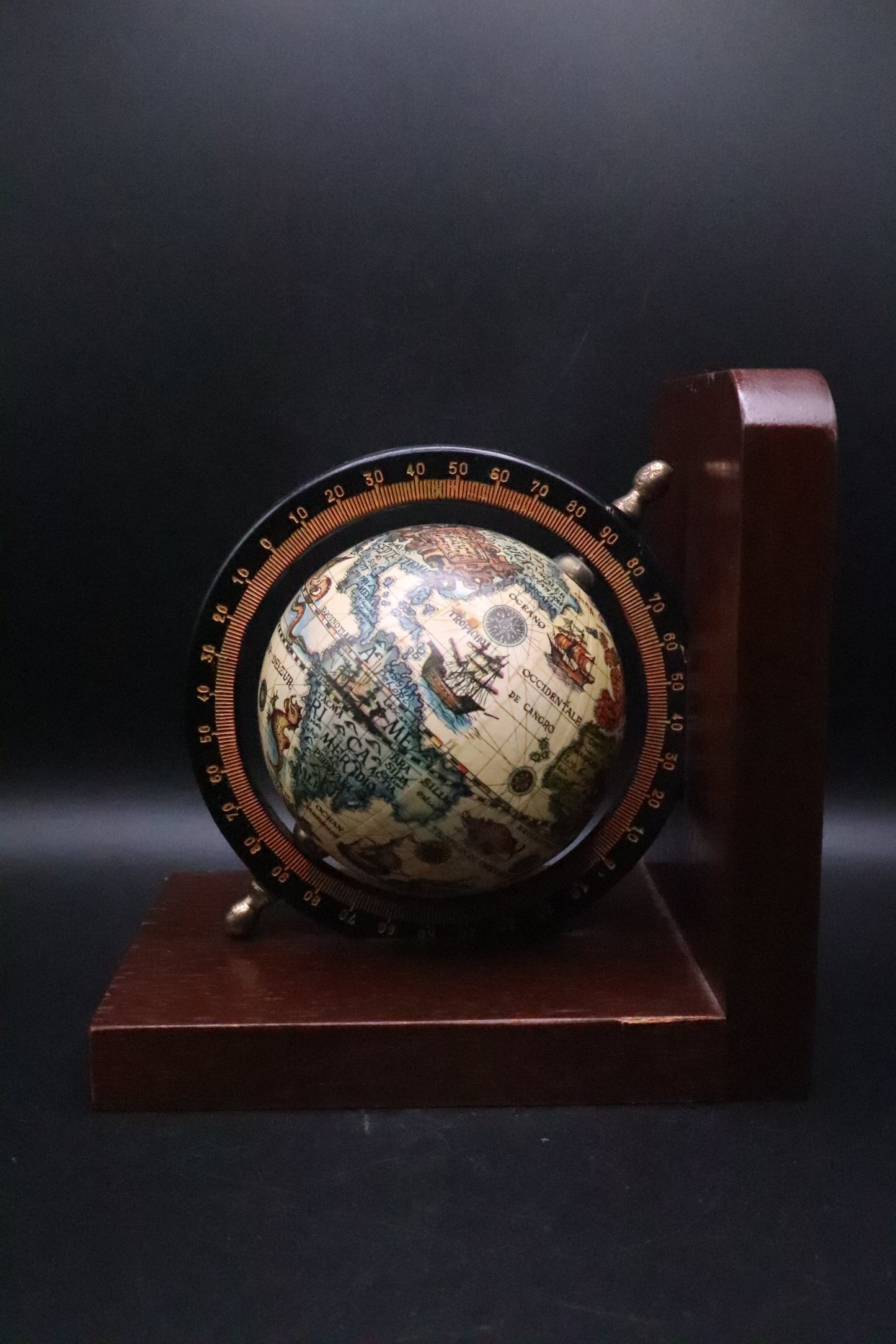 VINTAGE SET OF WOODEN OLD WORLD SPINNING GLOBE BOOKENDS