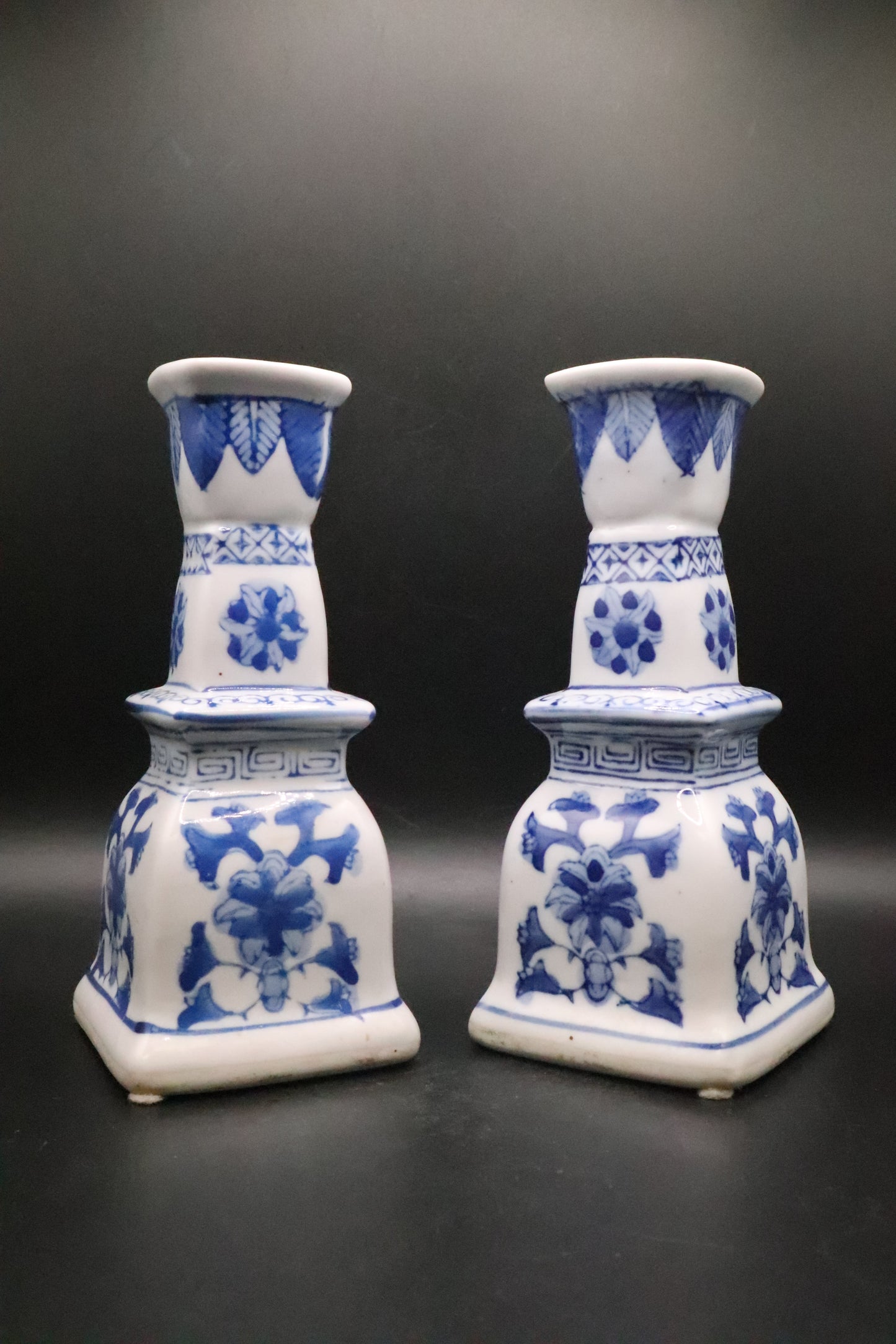 VINTAGE CHINOISERIE BLUE AND WHITE CANDLE HOLDERS (PAIR)