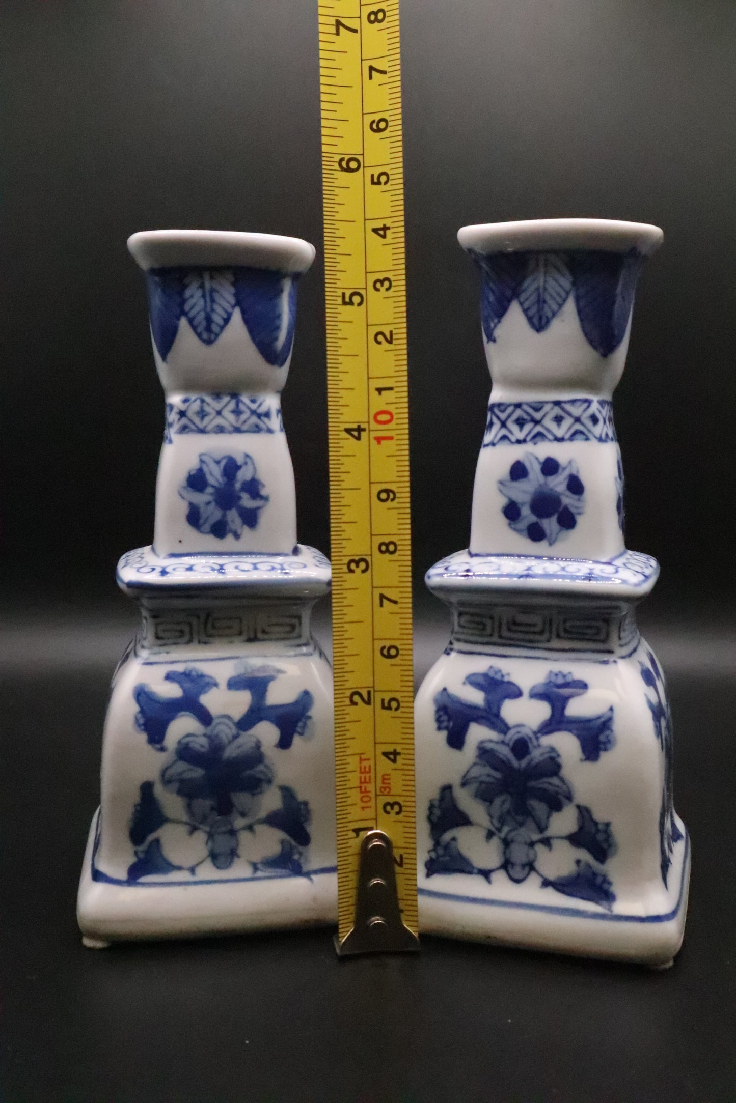VINTAGE CHINOISERIE BLUE AND WHITE CANDLE HOLDERS (PAIR)