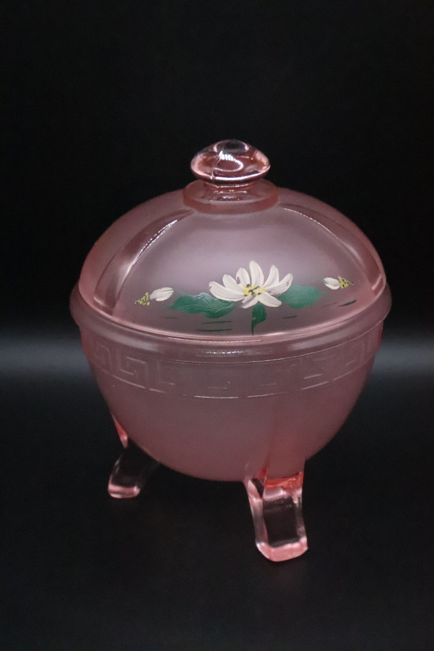 VINTAGE TAUSSAUNT ART DECO PINK SATIN GLASS DISH HAND PAINTED