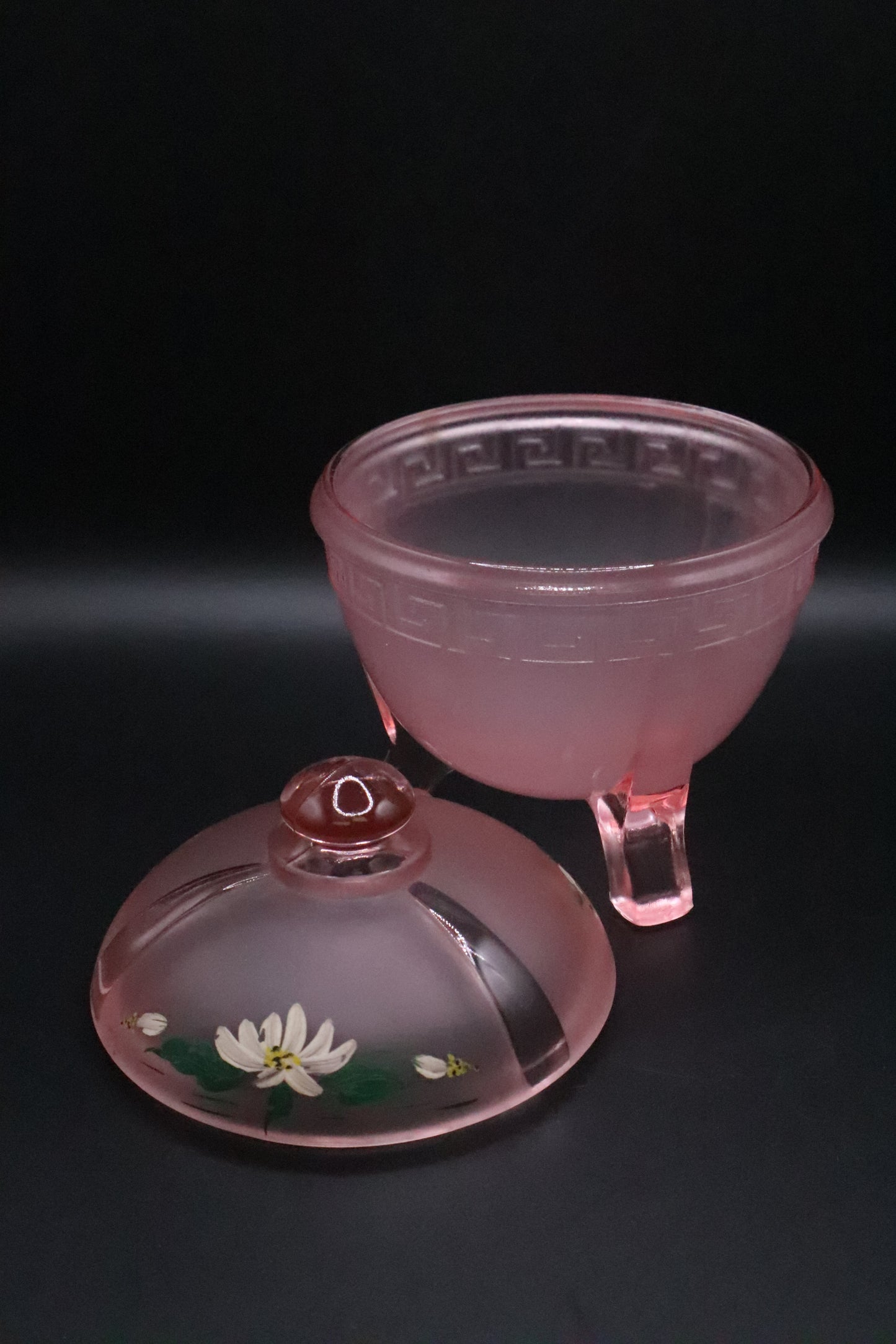 VINTAGE TAUSSAUNT ART DECO PINK SATIN GLASS DISH HAND PAINTED